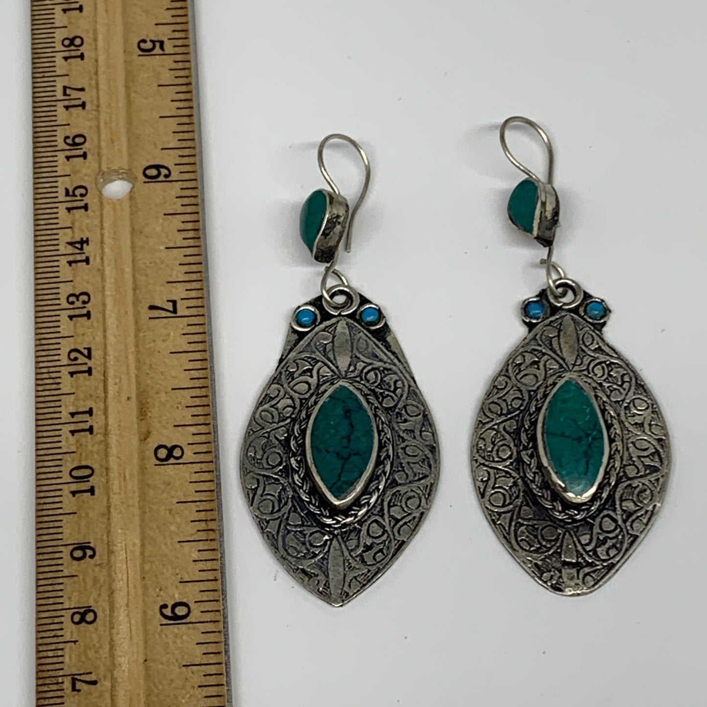 1pc, Handmade Turkmen Earring Tribal Jewelry Turquoise Inlay Marquise Boho, B142