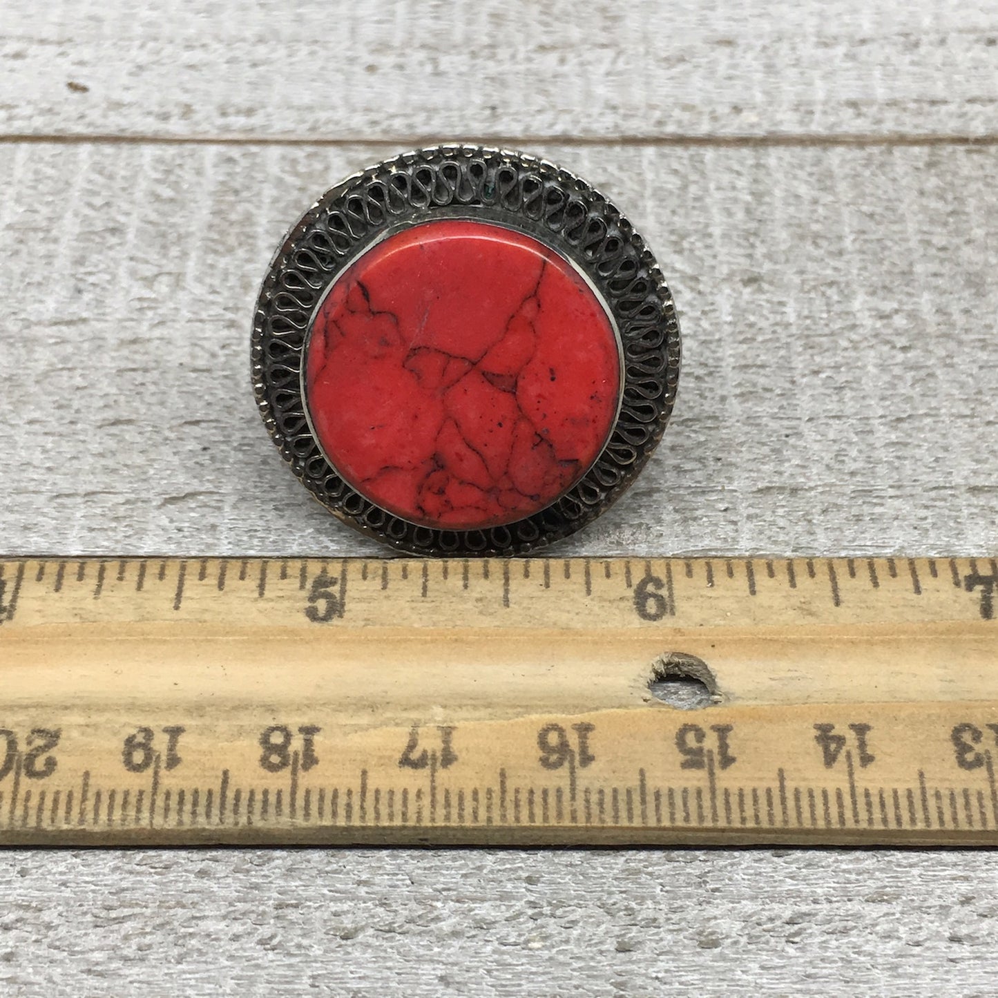 Antique Afghan Turkmen Tribal Round Shape Red Coral Inlay Kuchi Ring Boho, TR83