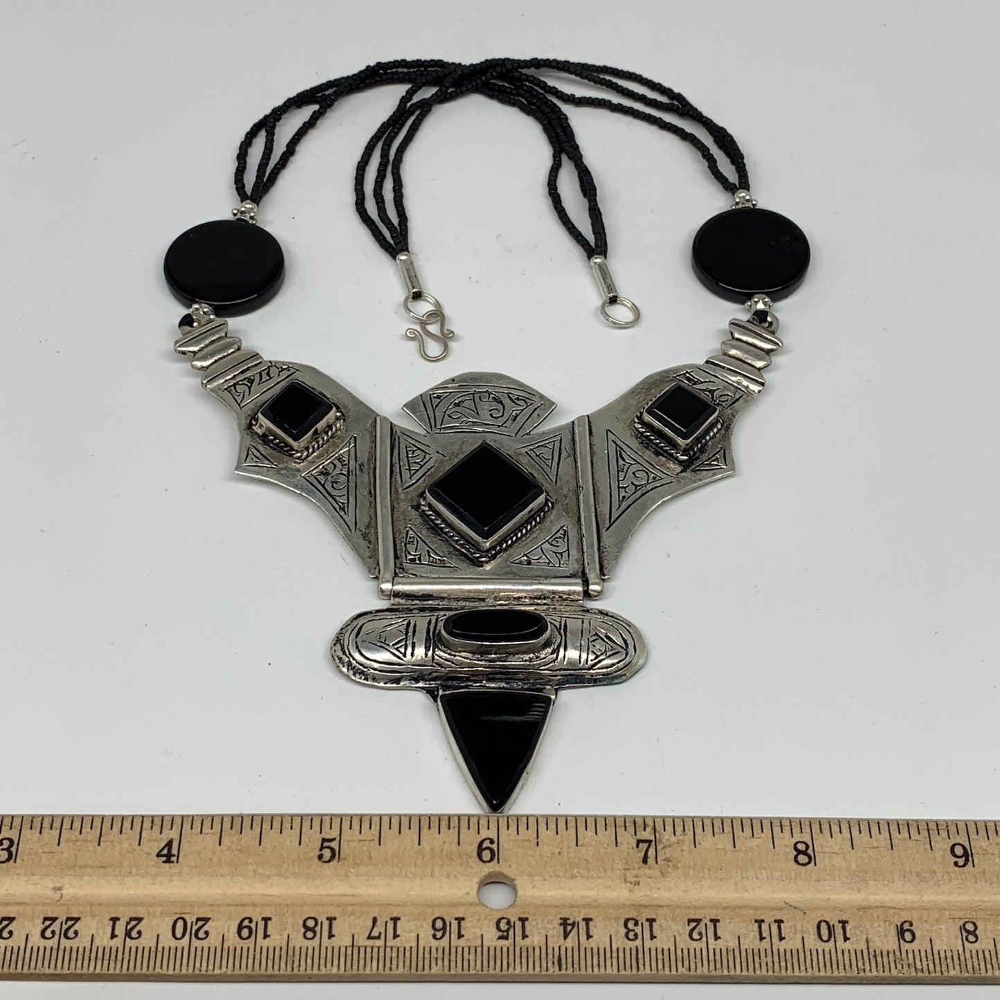 Turkmen Necklace Antique Afghan Tribal Black Carnelian Beaded V-Neck, Necklace T