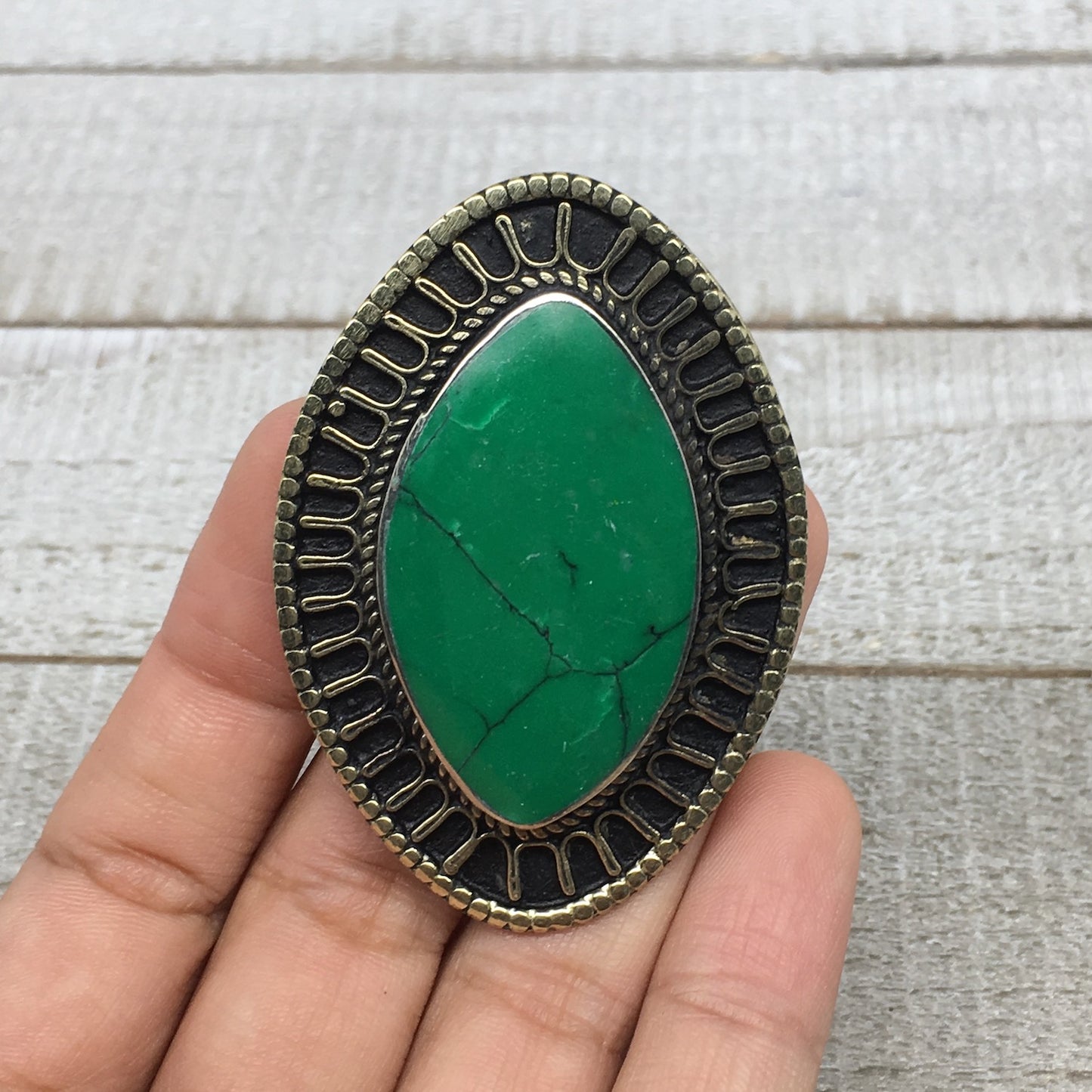 2.3"x1.6" Turkmen Ring Afghan Marquise Synthetic Green Turquoise,7.5,8,TR130