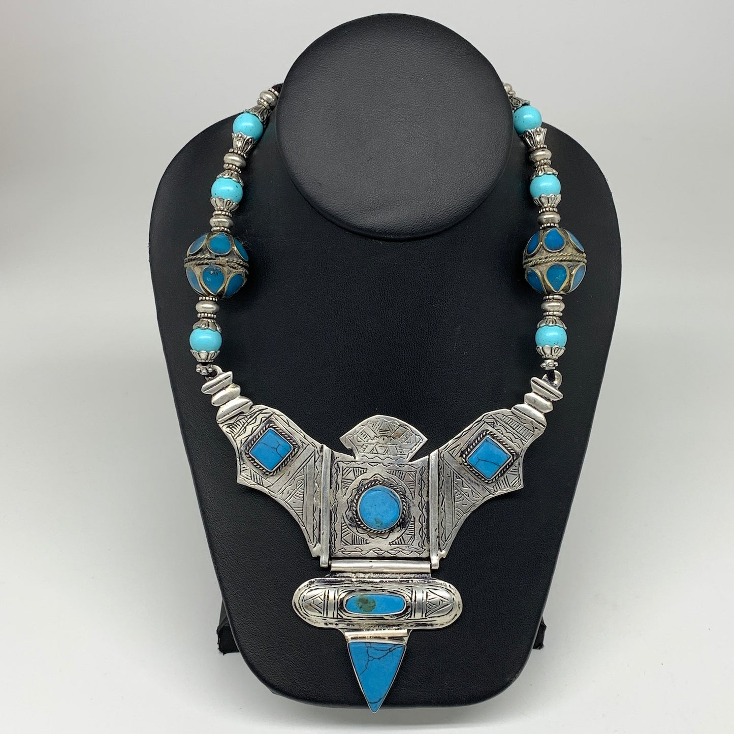 Turkmen Necklace Antique Afghan Tribal Blue Turquoise Inlay V-Neck, Necklace T50