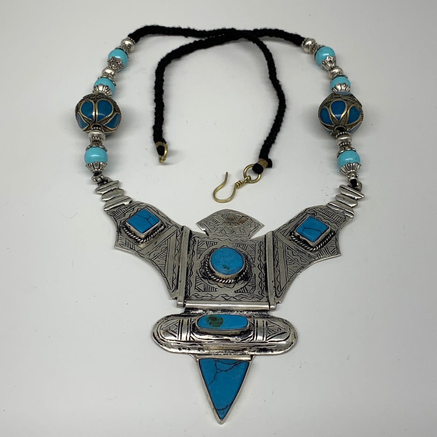 Turkmen Necklace Antique Afghan Tribal Blue Turquoise Inlay V-Neck, Necklace T50