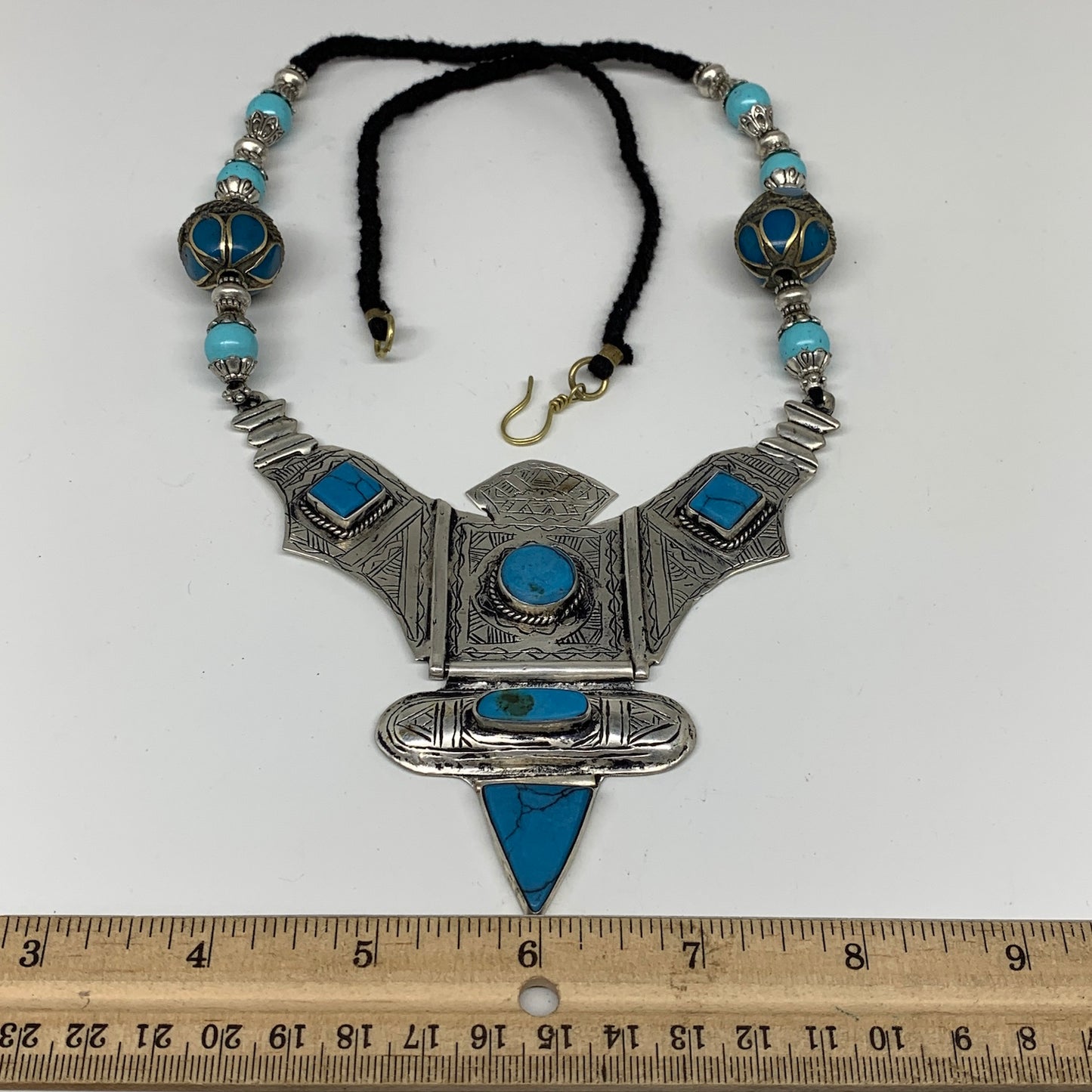 Turkmen Necklace Antique Afghan Tribal Blue Turquoise Inlay V-Neck, Necklace T50