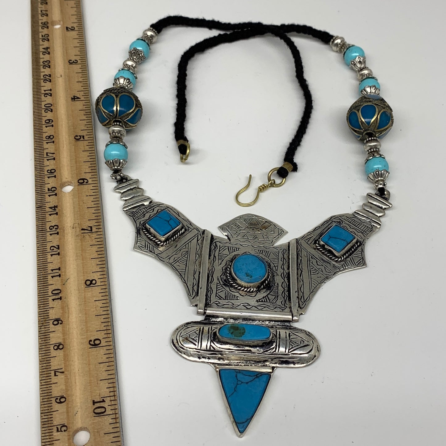 Turkmen Necklace Antique Afghan Tribal Blue Turquoise Inlay V-Neck, Necklace T50