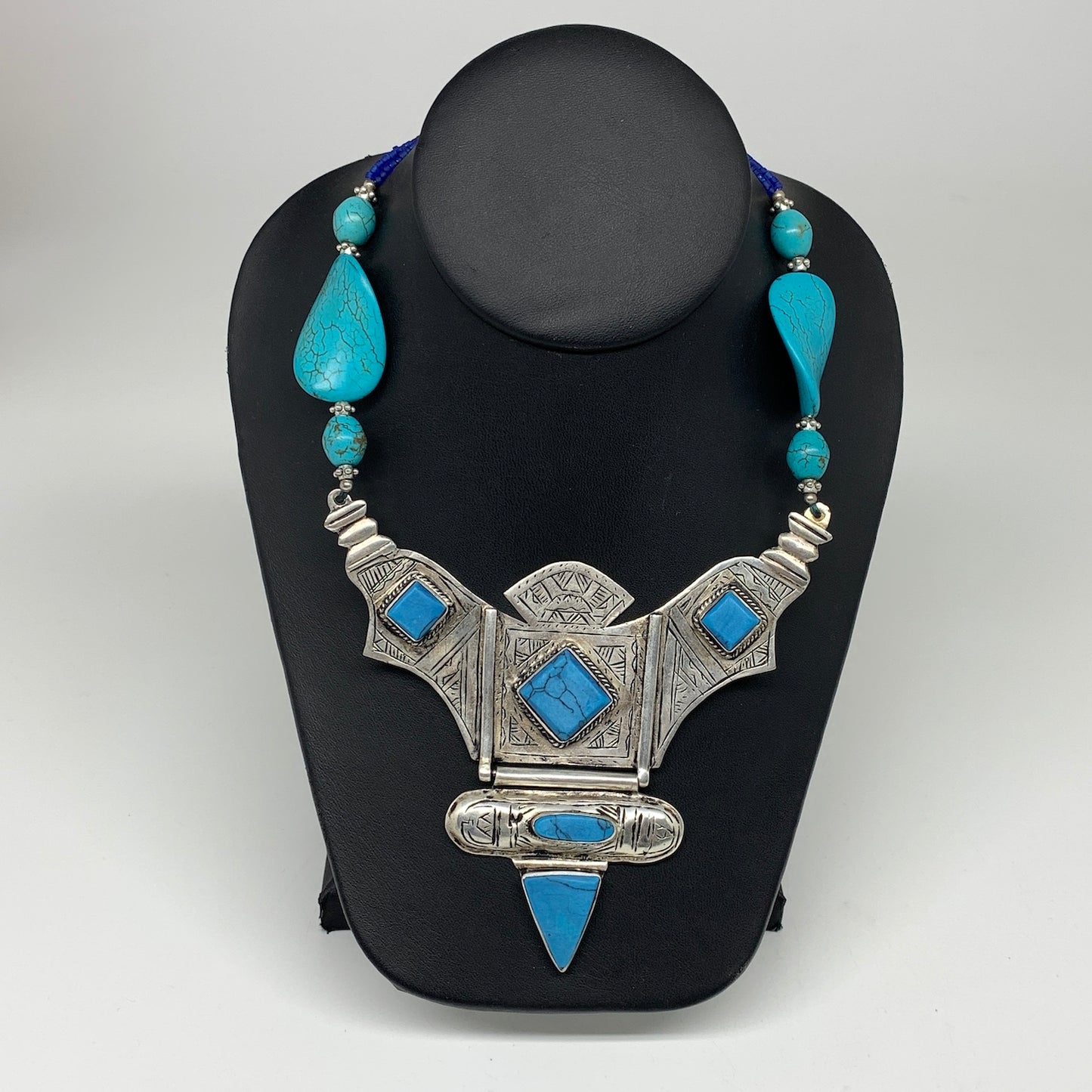 Turkmen Necklace Antique Afghan Tribal Blue Turquoise Inlay V-Neck, Necklace T51