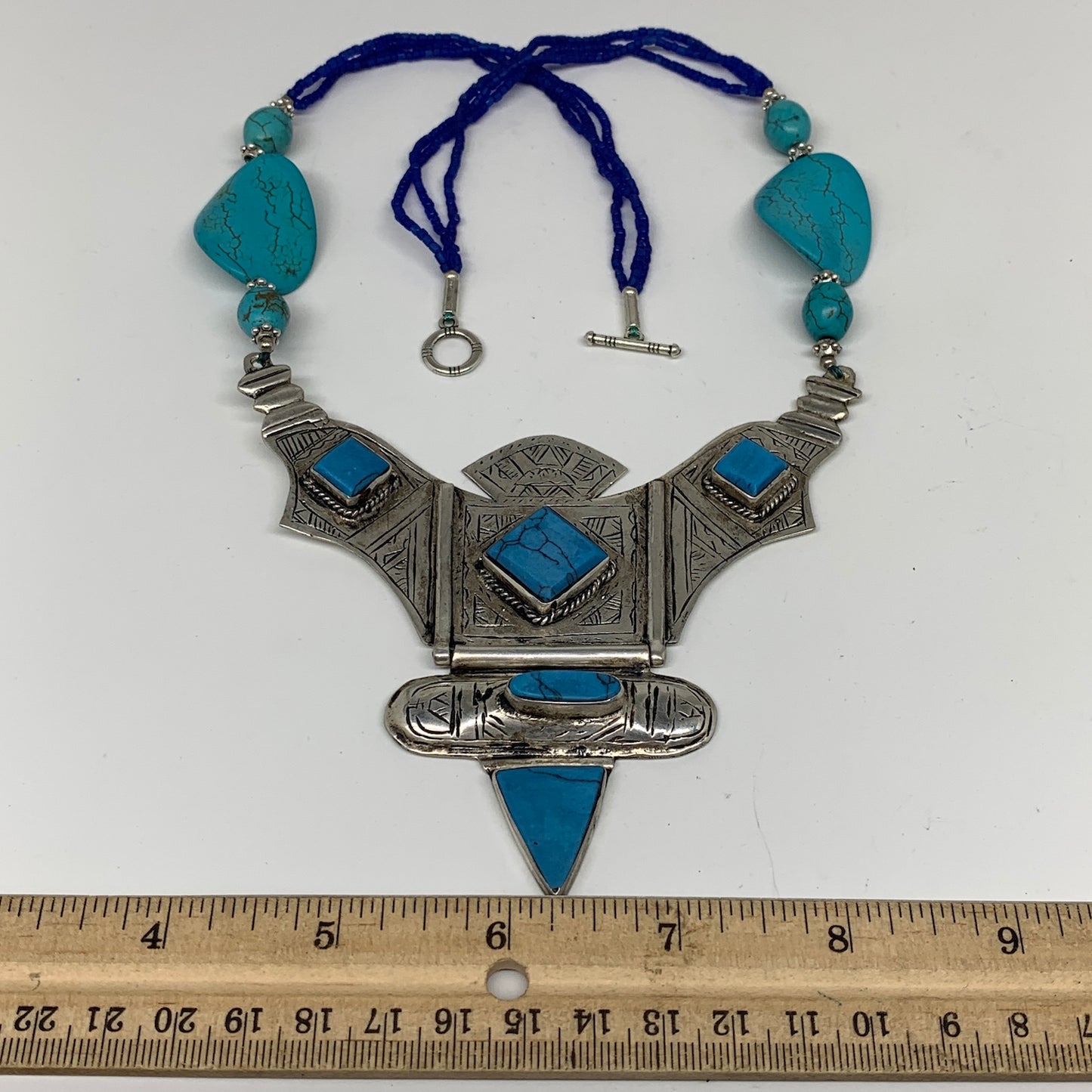 Turkmen Necklace Antique Afghan Tribal Blue Turquoise Inlay V-Neck, Necklace T51