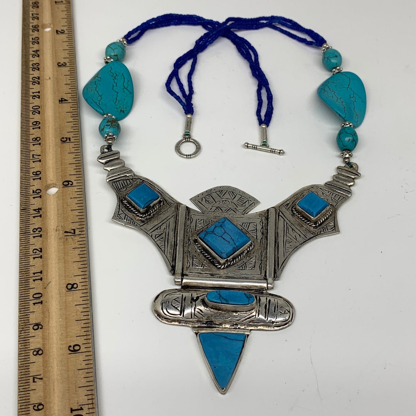 Turkmen Necklace Antique Afghan Tribal Blue Turquoise Inlay V-Neck, Necklace T51