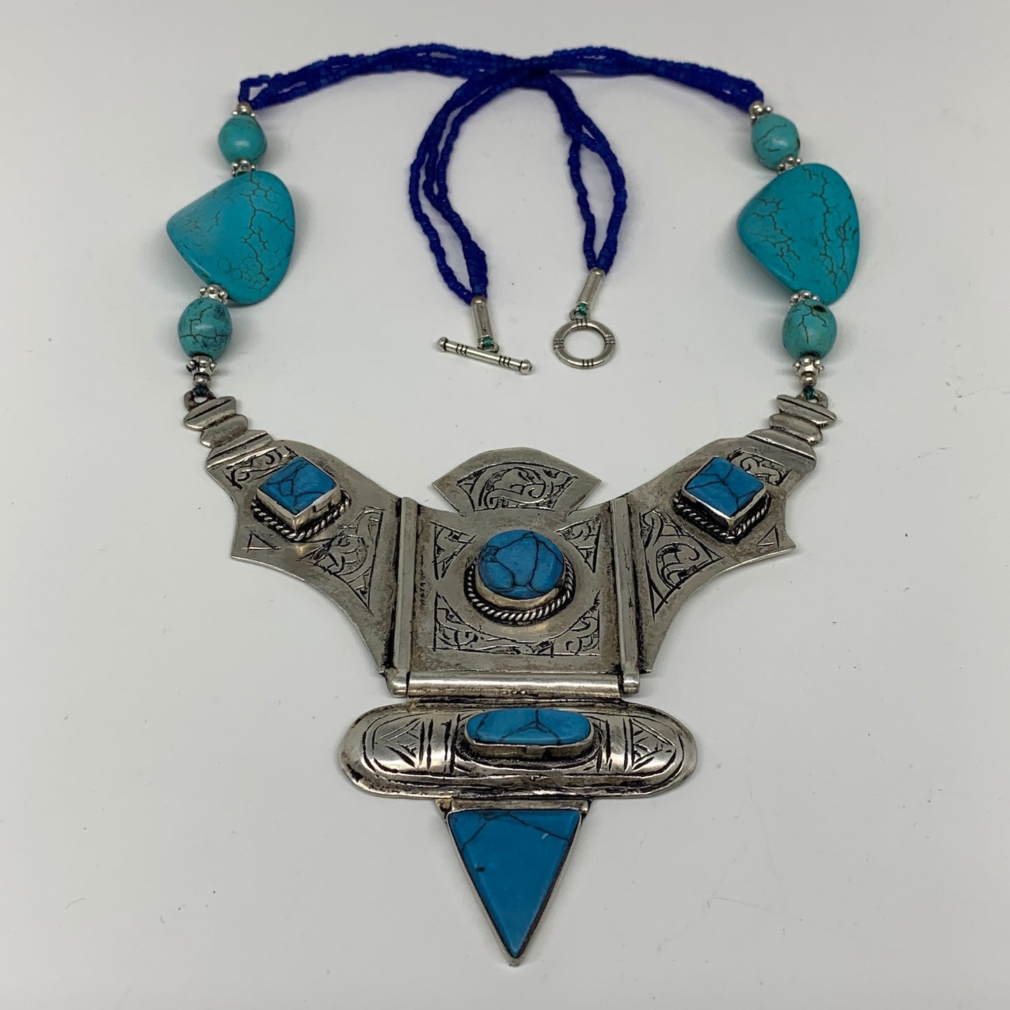 Turkmen Necklace Antique Afghan Tribal Blue Turquoise Inlay V-Neck, Necklace T52