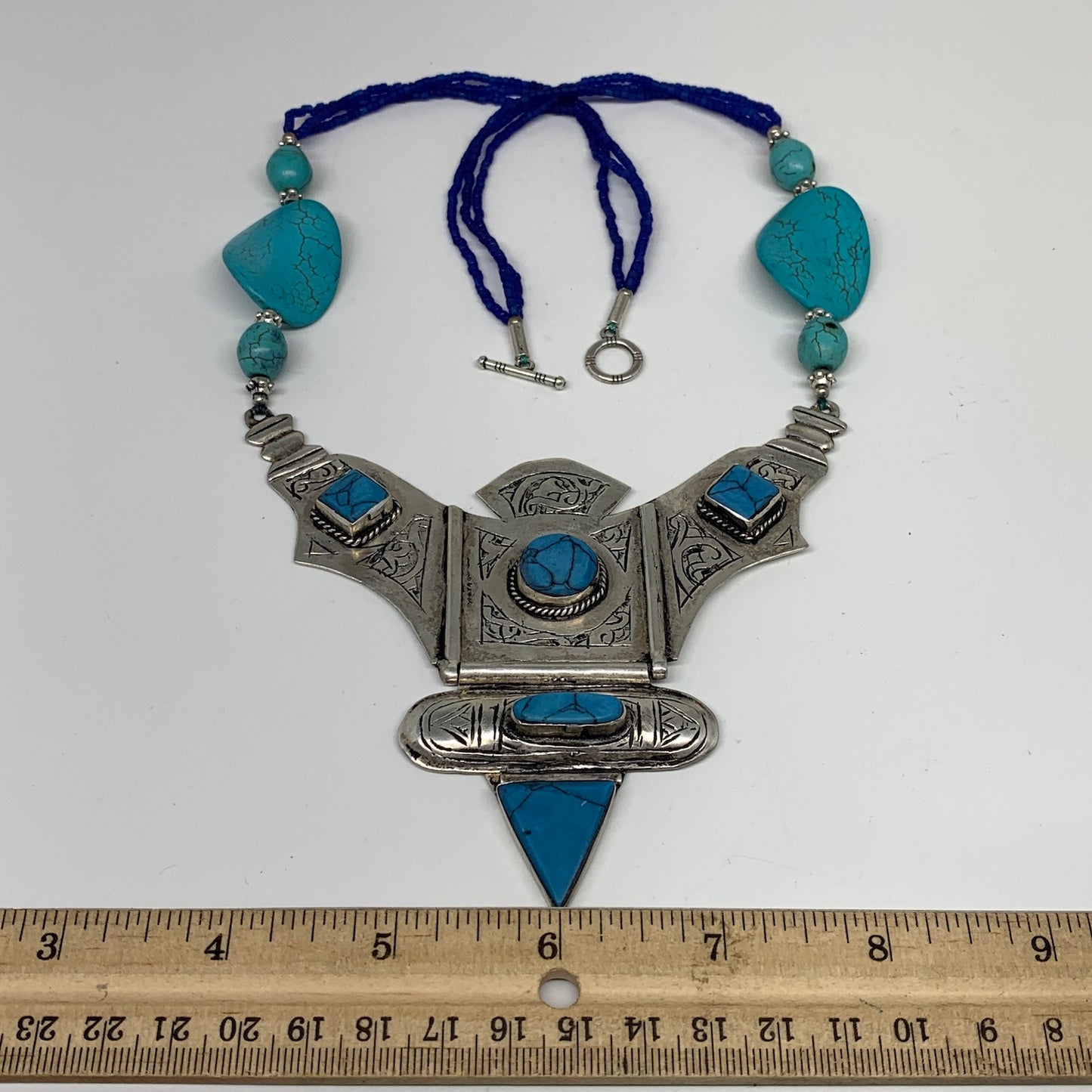 Turkmen Necklace Antique Afghan Tribal Blue Turquoise Inlay V-Neck, Necklace T52