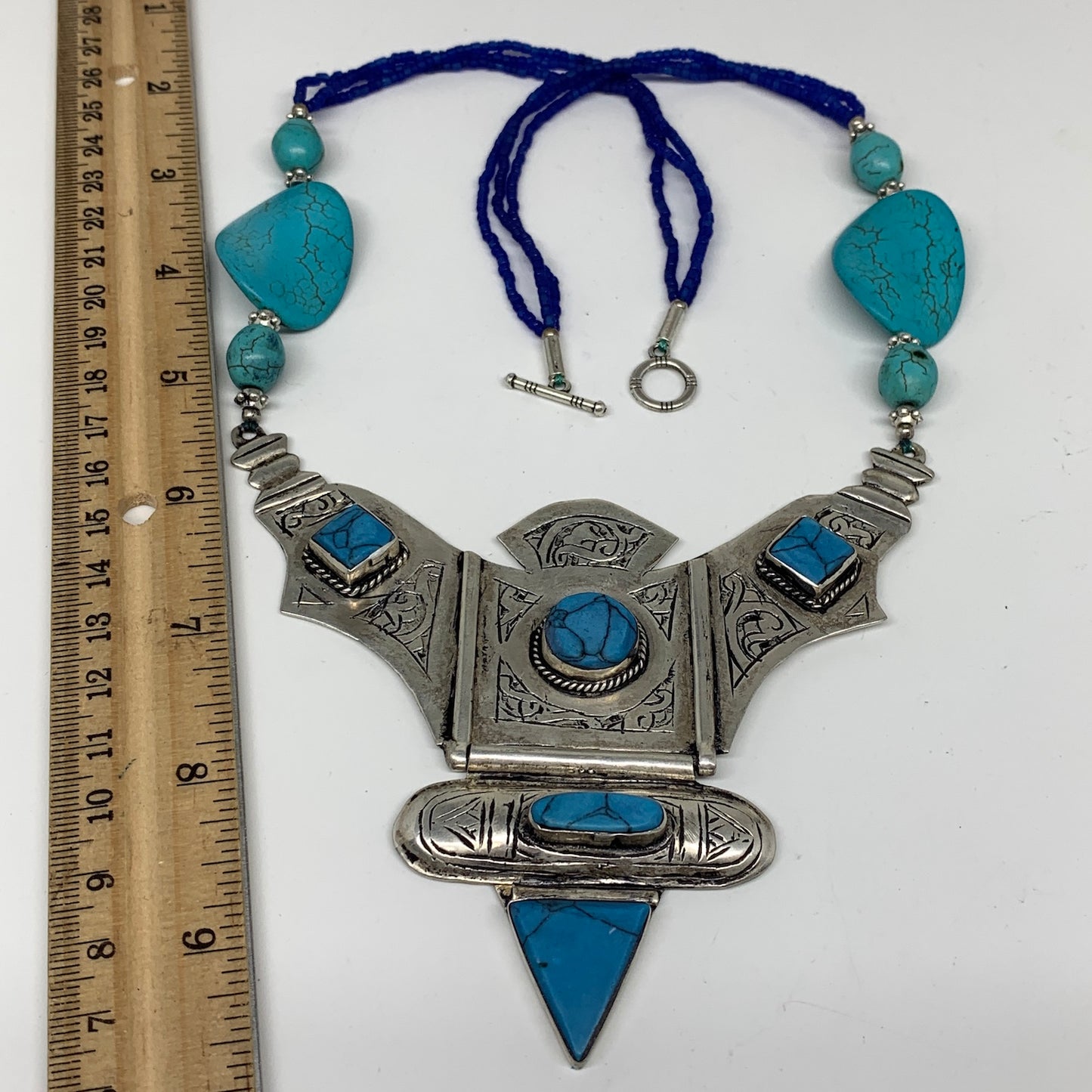 Turkmen Necklace Antique Afghan Tribal Blue Turquoise Inlay V-Neck, Necklace T52