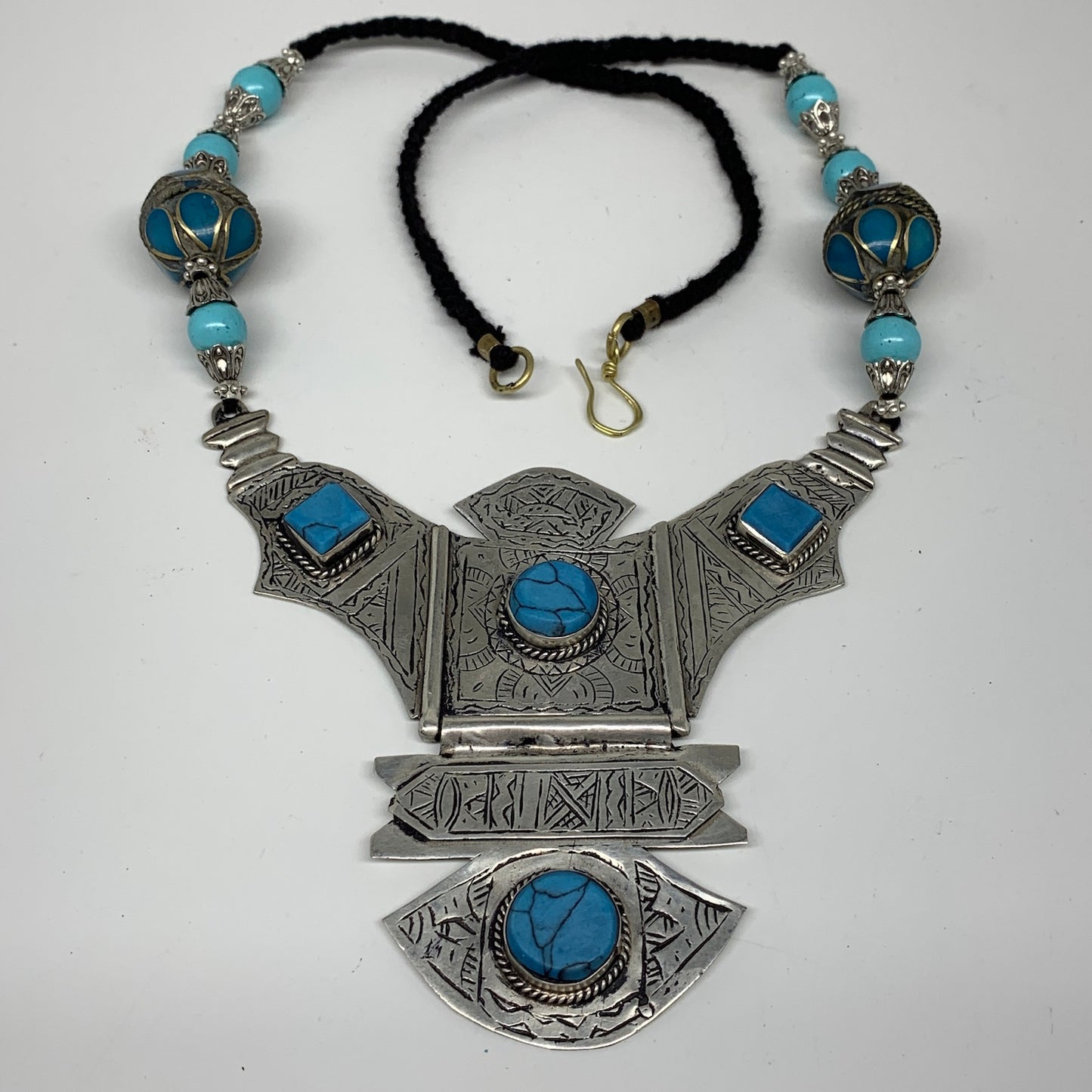 Turkmen Necklace Antique Afghan Tribal Blue Turquoise Inlay V-Neck, Necklace T54