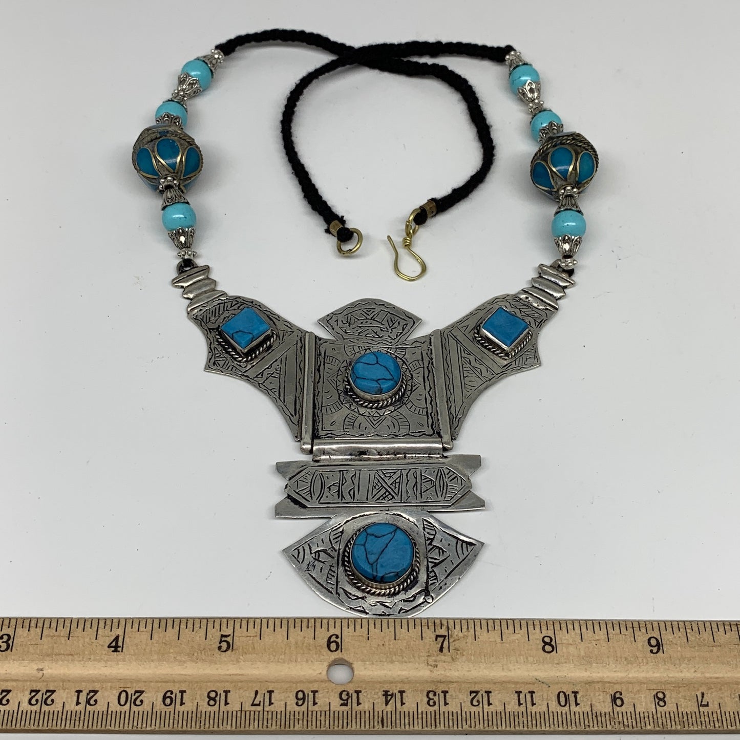 Turkmen Necklace Antique Afghan Tribal Blue Turquoise Inlay V-Neck, Necklace T54