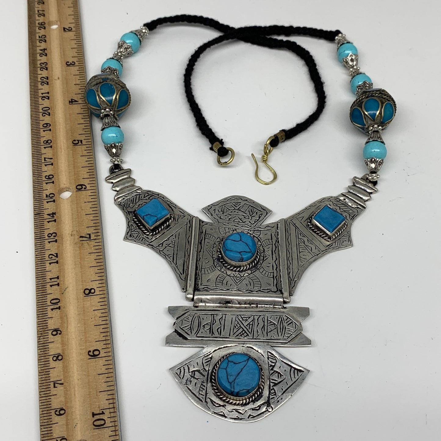 Turkmen Necklace Antique Afghan Tribal Blue Turquoise Inlay V-Neck, Necklace T54