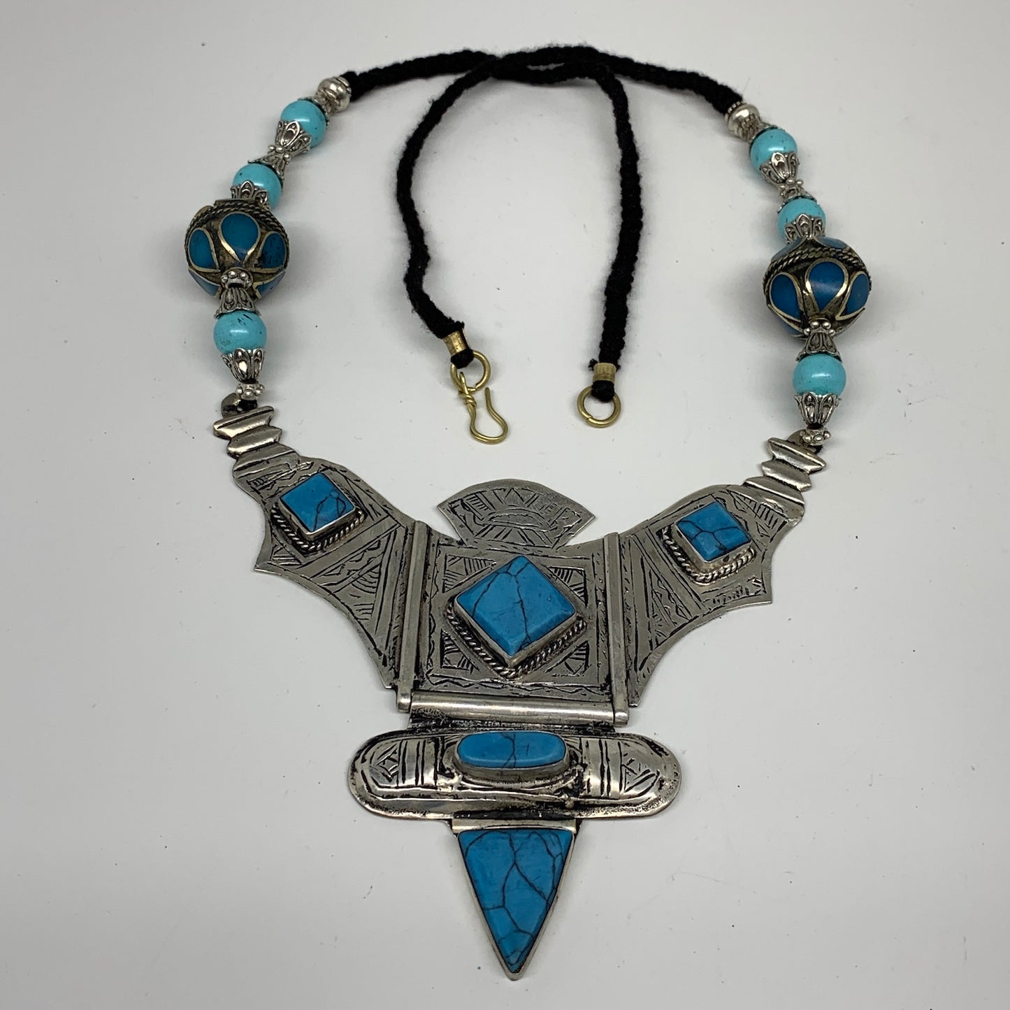 Turkmen Necklace Antique Afghan Tribal Blue Turquoise Inlay V-Neck, Necklace T55