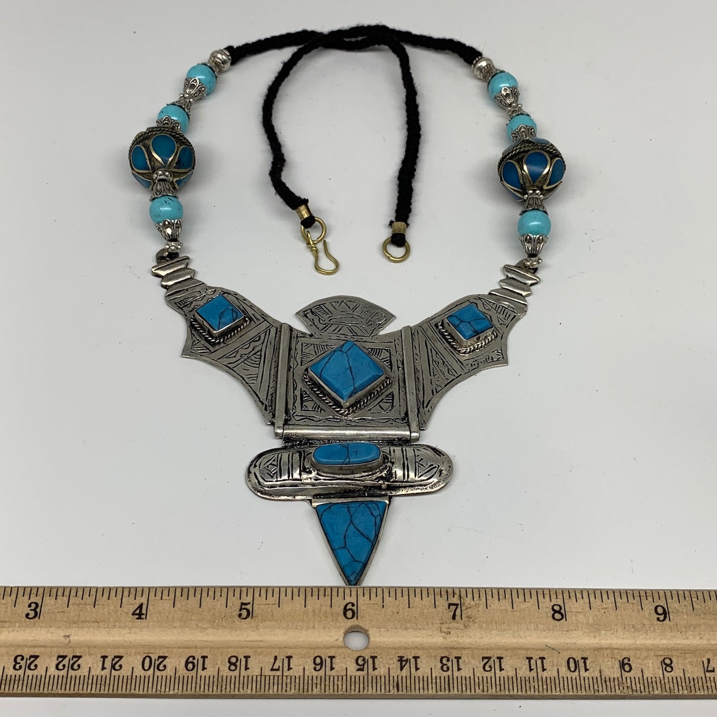 Turkmen Necklace Antique Afghan Tribal Blue Turquoise Inlay V-Neck, Necklace T55