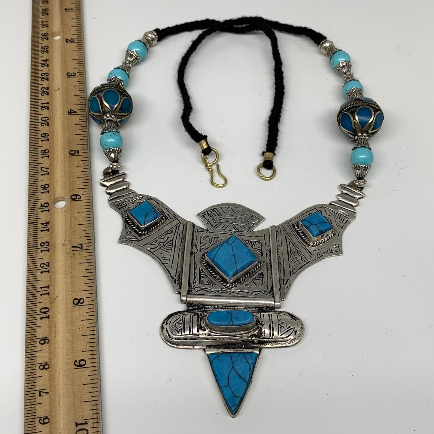 Turkmen Necklace Antique Afghan Tribal Blue Turquoise Inlay V-Neck, Necklace T55