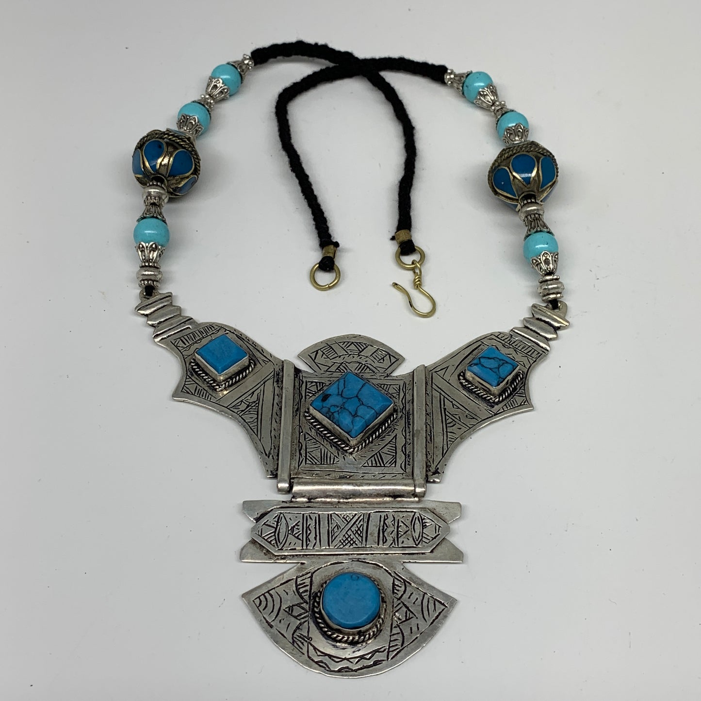 Turkmen Necklace Antique Afghan Tribal Blue Turquoise Inlay V-Neck, Necklace T56