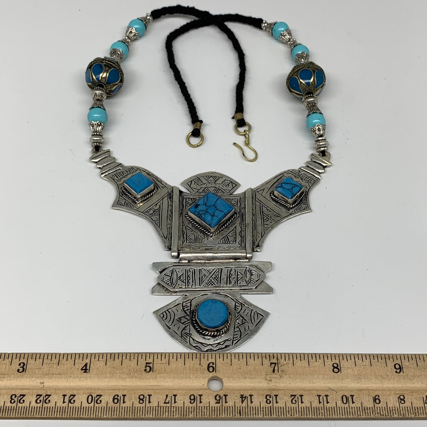 Turkmen Necklace Antique Afghan Tribal Blue Turquoise Inlay V-Neck, Necklace T56