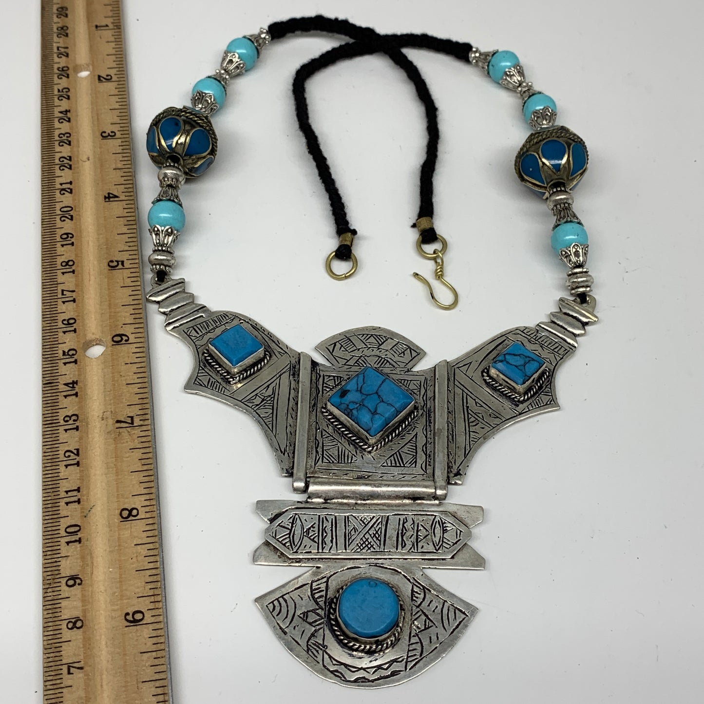 Turkmen Necklace Antique Afghan Tribal Blue Turquoise Inlay V-Neck, Necklace T56