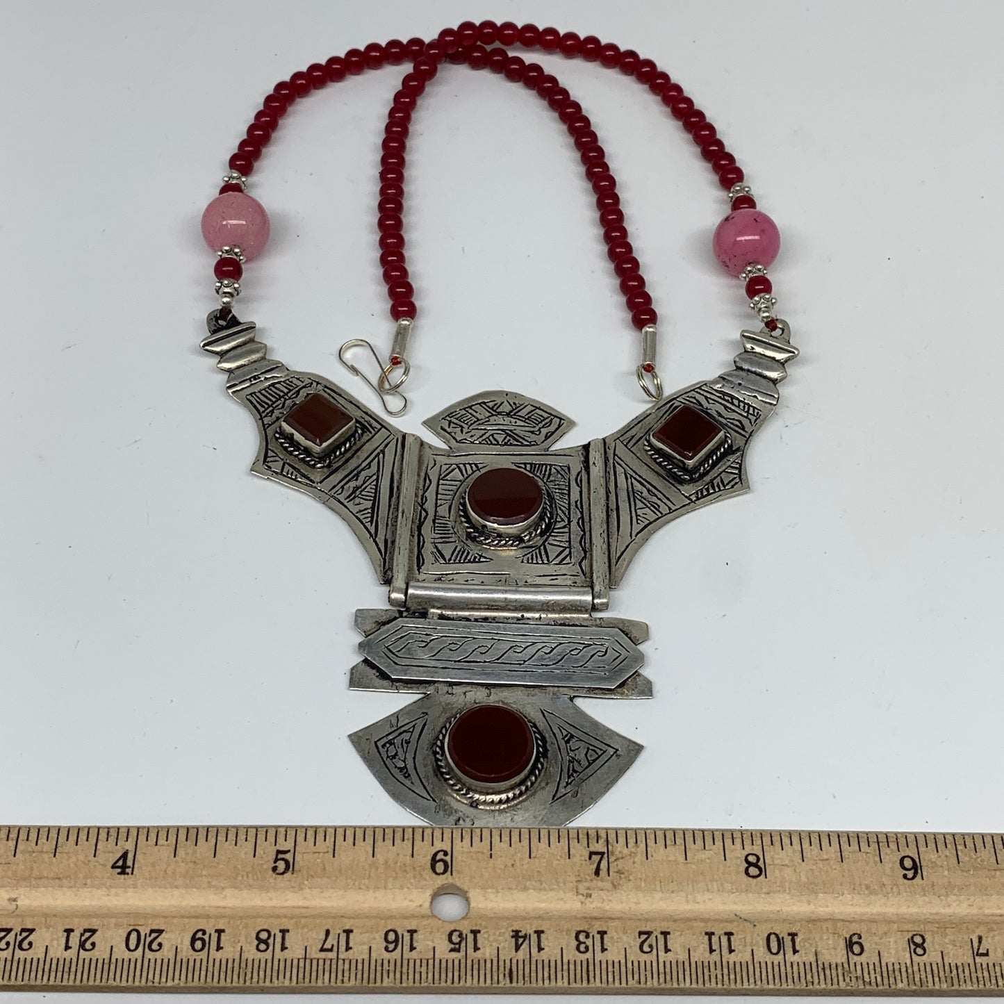 Turkmen Necklace Antique Afghan Tribal Red Carnelian Beaded V-Neck, Necklace T61