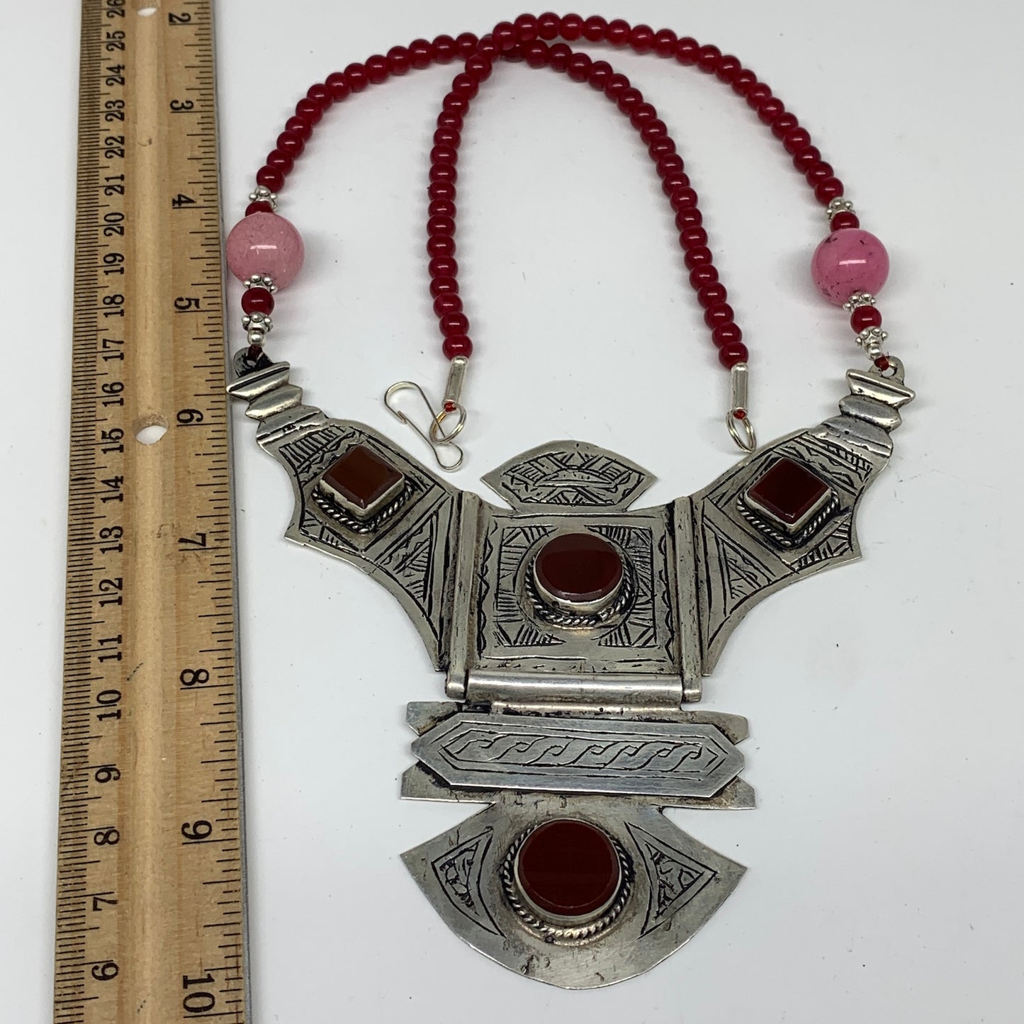 Turkmen Necklace Antique Afghan Tribal Red Carnelian Beaded V-Neck, Necklace T61