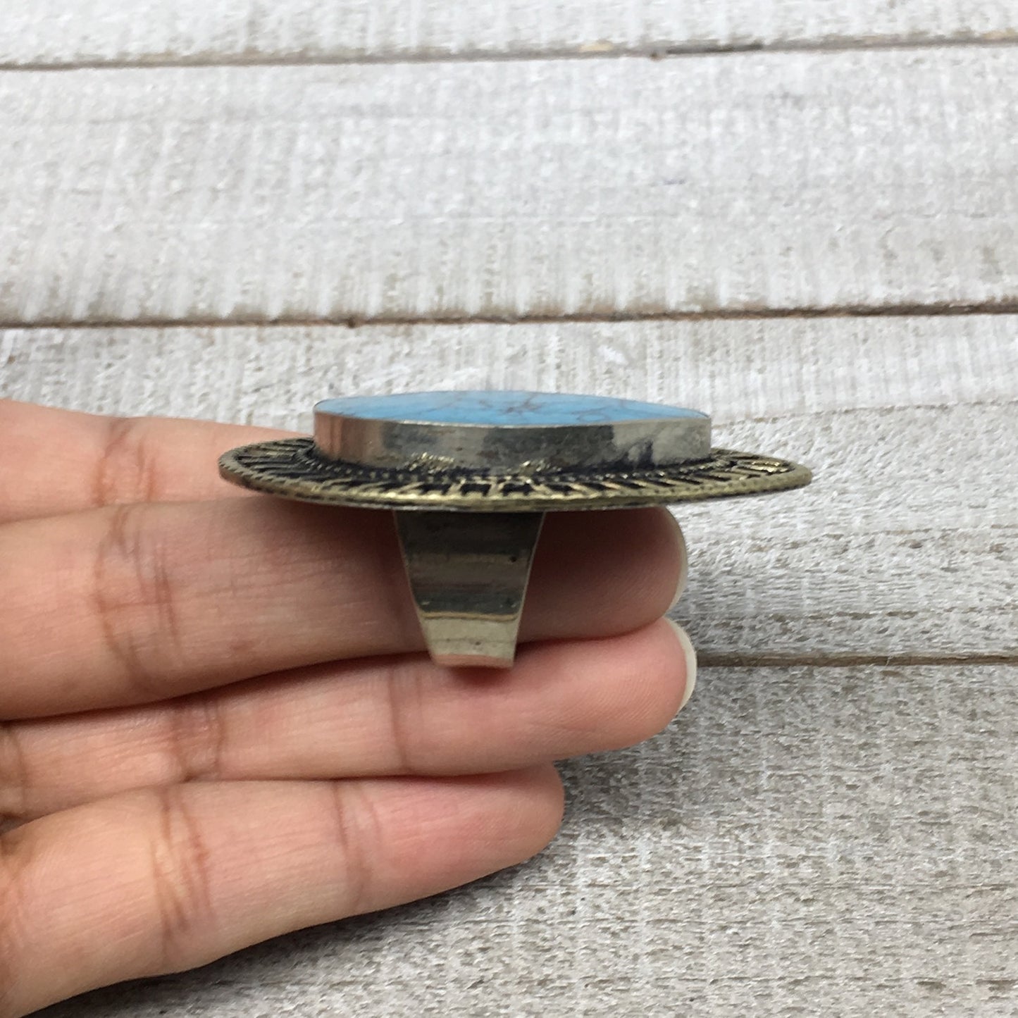 2.1"x1.7"x0.3" Blue Turquoise Inlay Ring Drop Shape, Turkmen Ring,7, 7.5, TR145