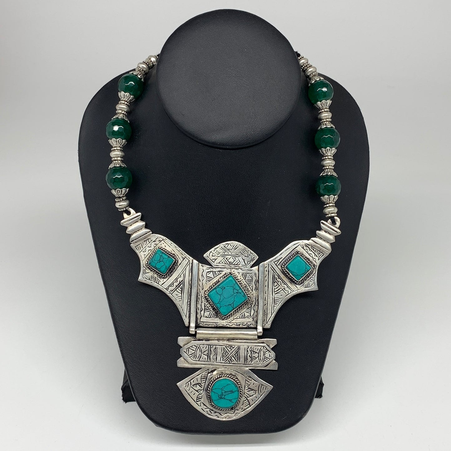 Turkmen Necklace Antique Afghan Tribal Green Turquoise Inlay V-Neck, Necklace T8