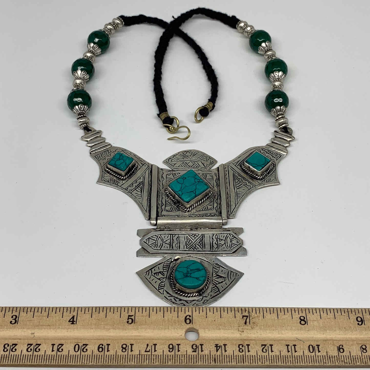 Turkmen Necklace Antique Afghan Tribal Green Turquoise Inlay V-Neck, Necklace T8