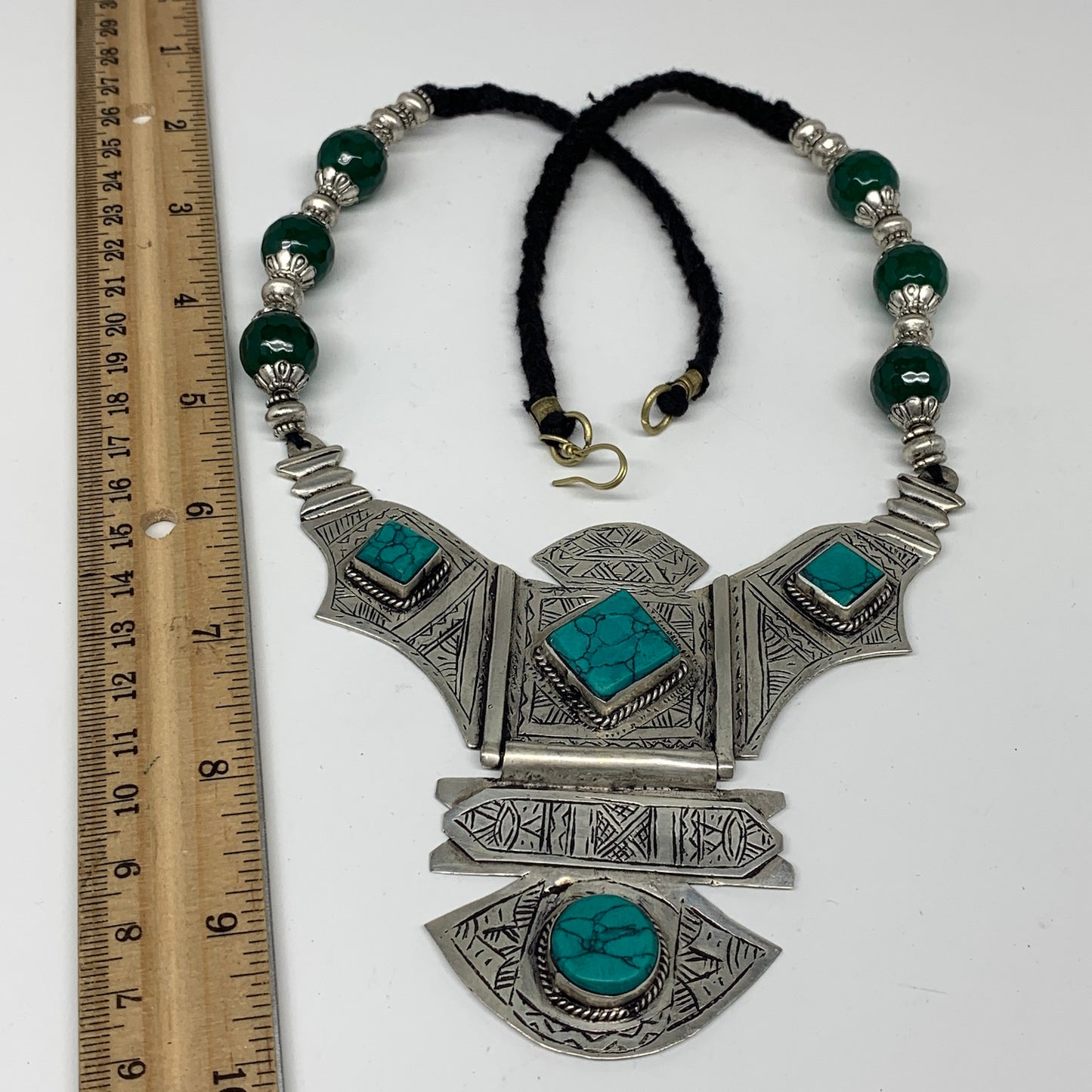 Turkmen Necklace Antique Afghan Tribal Green Turquoise Inlay V-Neck, Necklace T8