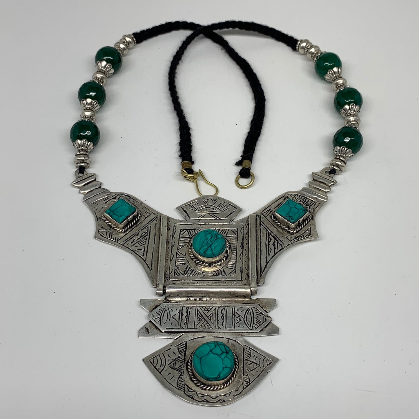 Turkmen Necklace Antique Afghan Tribal Green Turquoise Inlay V-Neck, Necklace T8