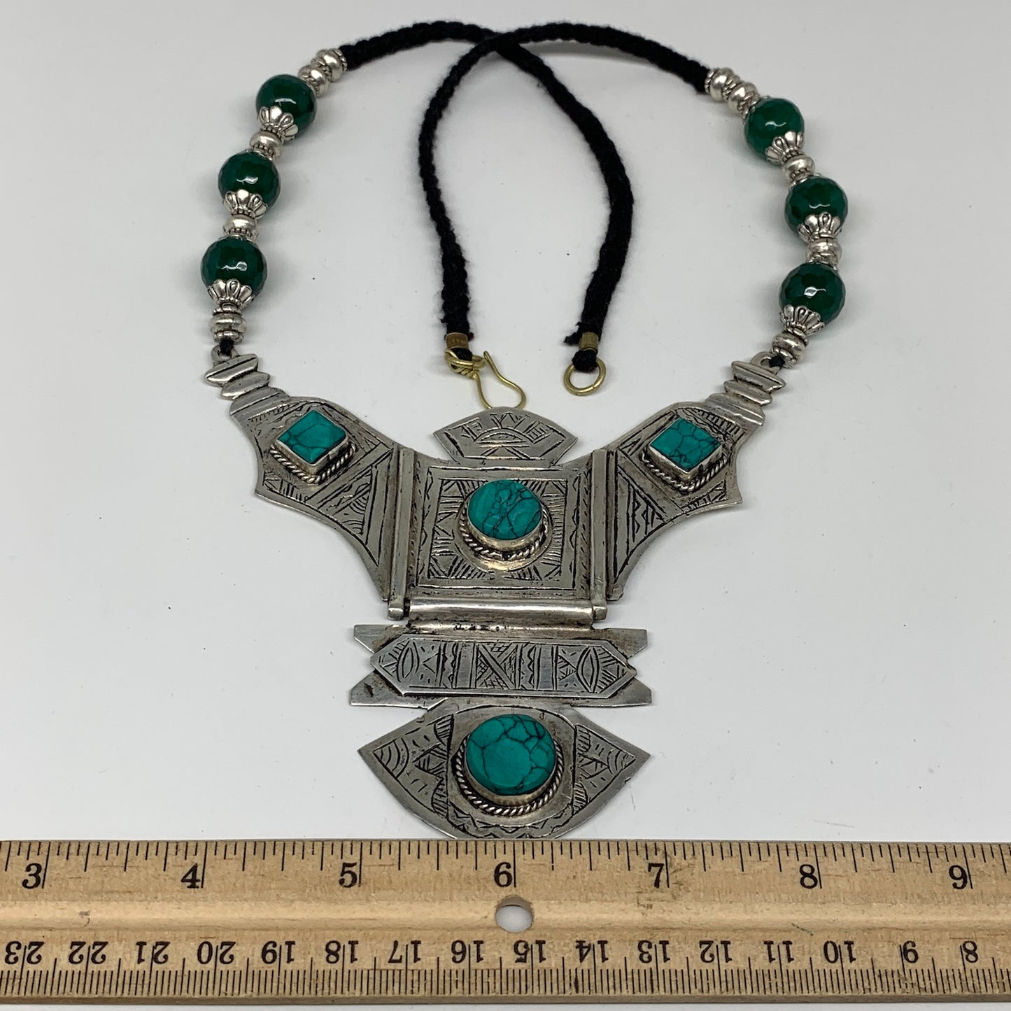 Turkmen Necklace Antique Afghan Tribal Green Turquoise Inlay V-Neck, Necklace T8