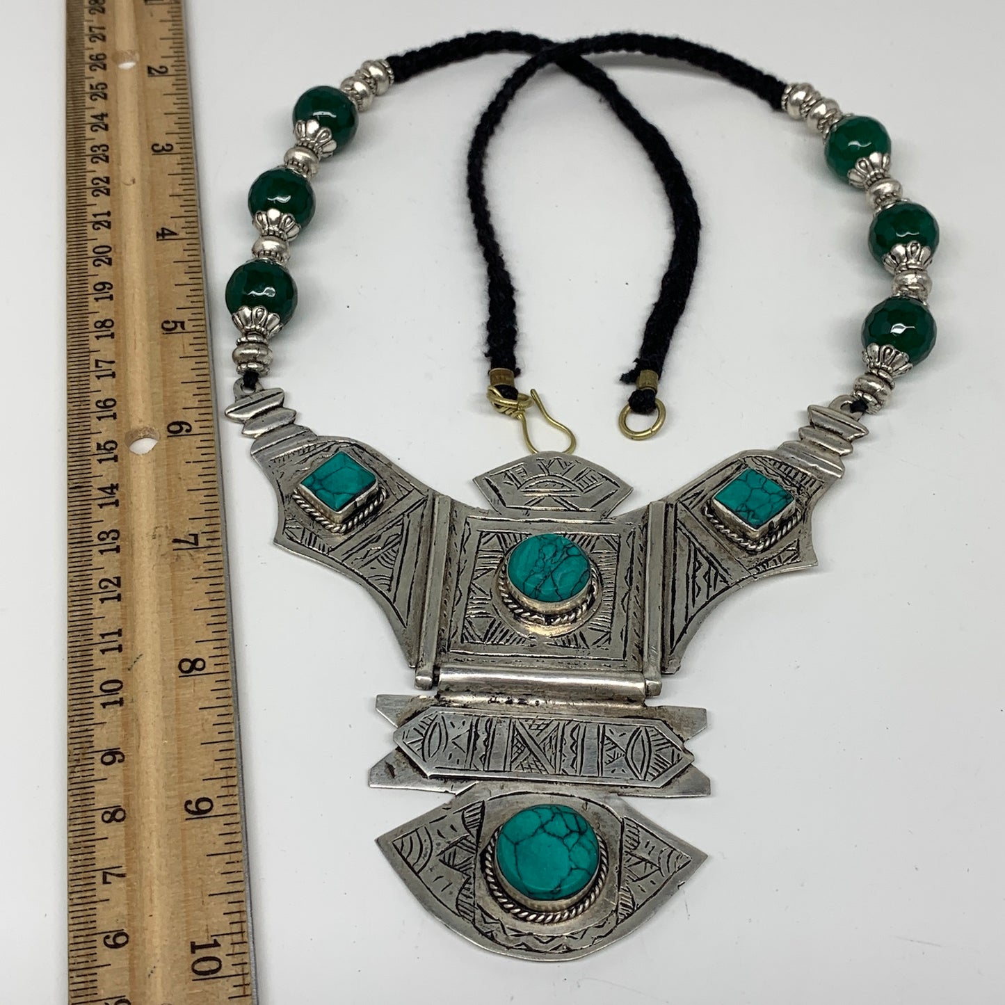 Turkmen Necklace Antique Afghan Tribal Green Turquoise Inlay V-Neck, Necklace T8