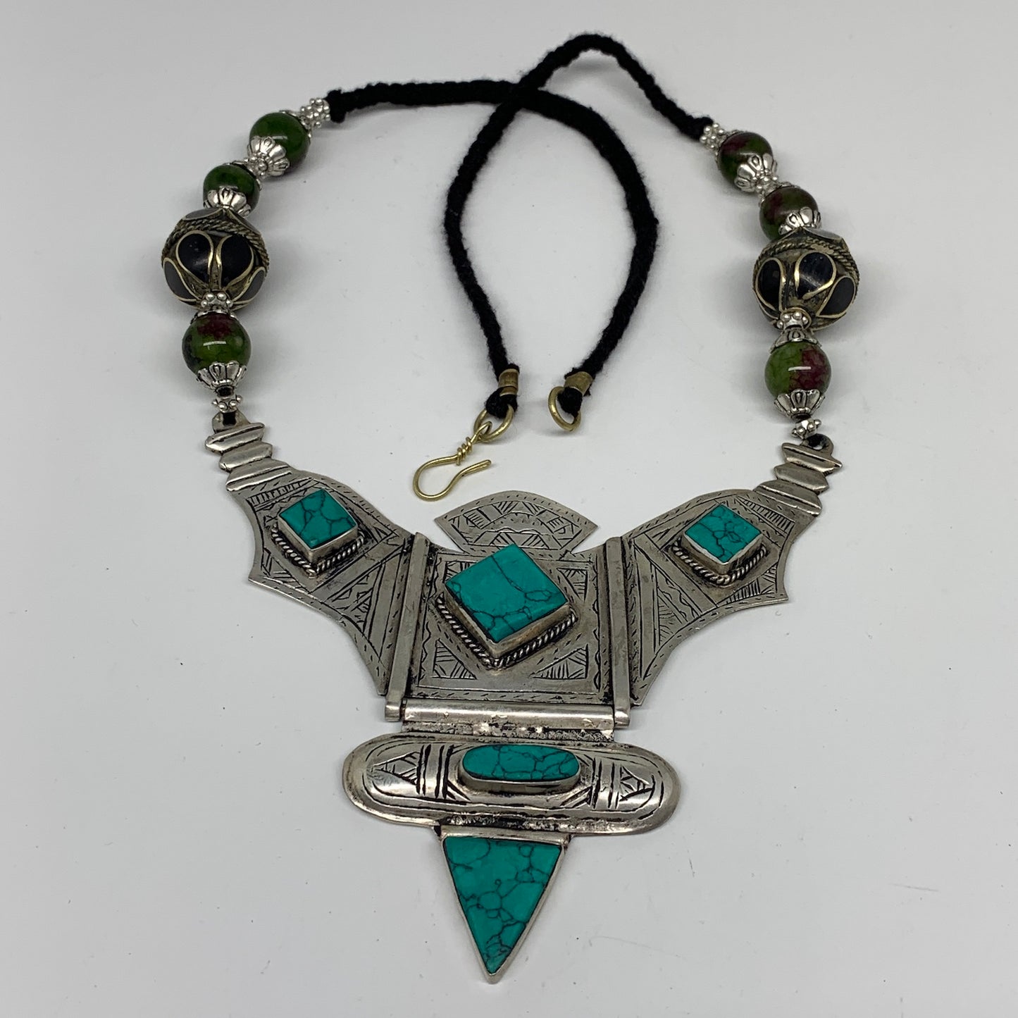 Turkmen Necklace Antique Afghan Tribal Green Turquoise Inlay V-Neck, Necklace T7