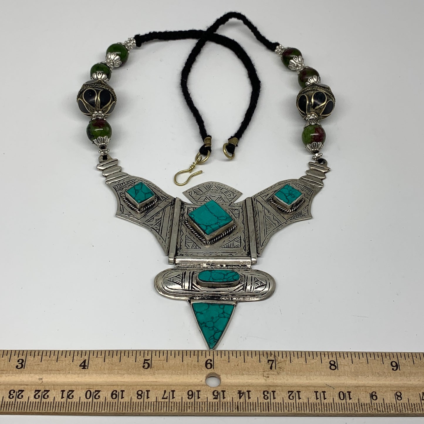 Turkmen Necklace Antique Afghan Tribal Green Turquoise Inlay V-Neck, Necklace T7