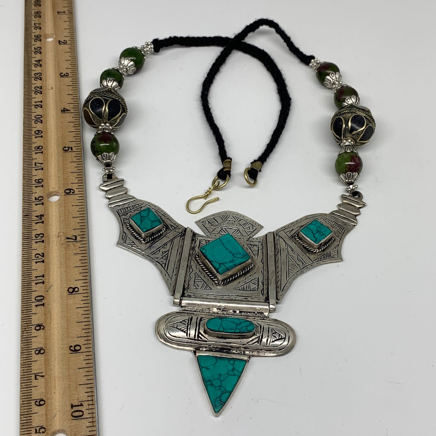 Turkmen Necklace Antique Afghan Tribal Green Turquoise Inlay V-Neck, Necklace T7