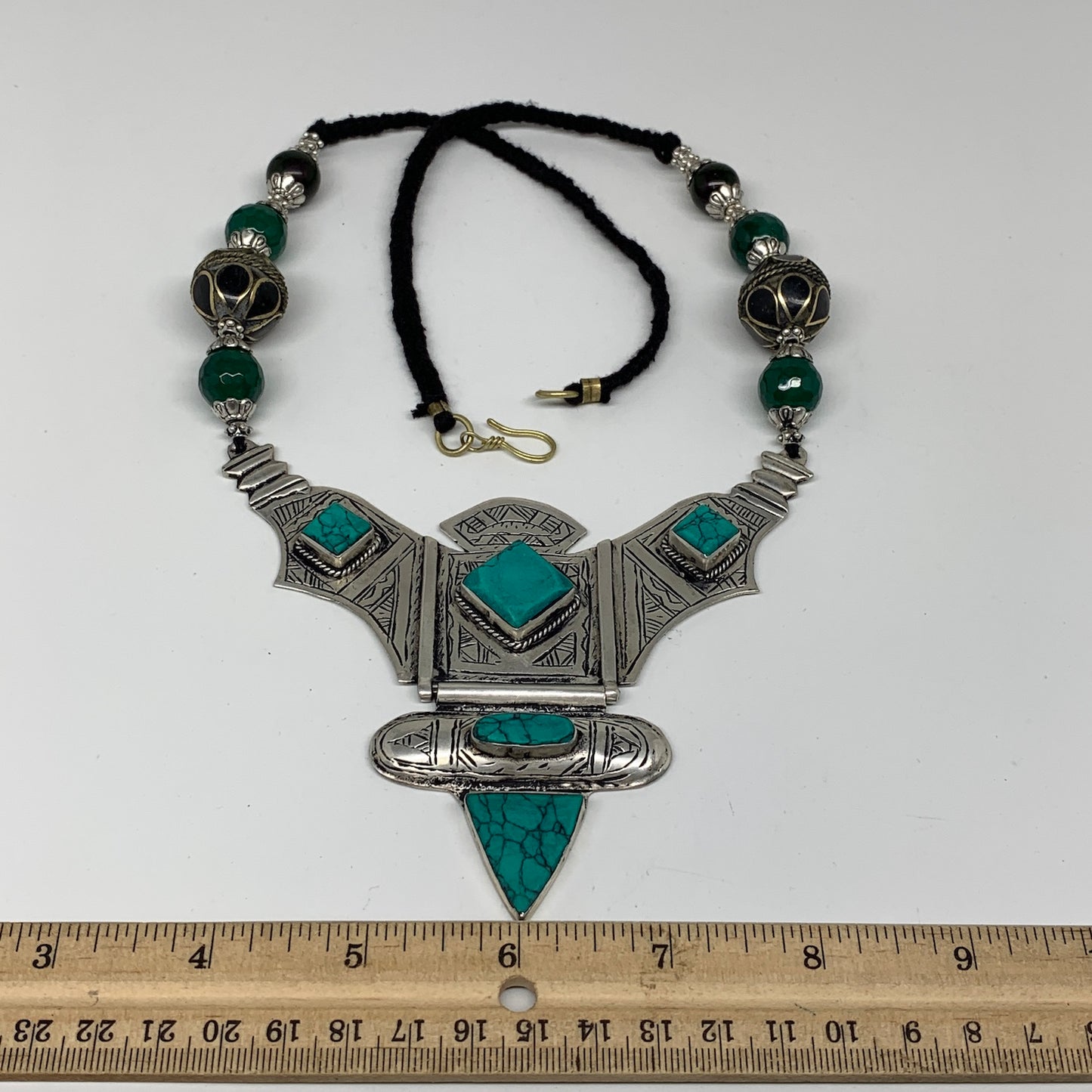 Turkmen Necklace Antique Afghan Tribal Green Turquoise Inlay V-Neck, Necklace T7