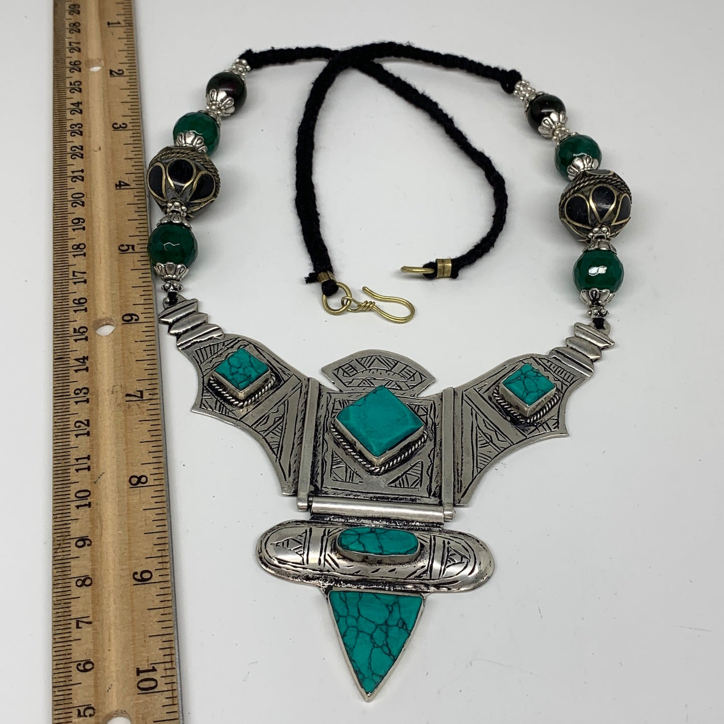 Turkmen Necklace Antique Afghan Tribal Green Turquoise Inlay V-Neck, Necklace T7