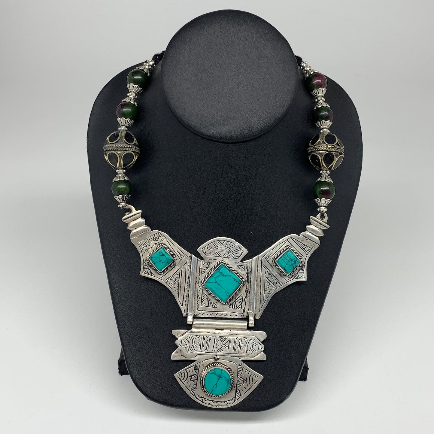 Turkmen Necklace Antique Afghan Tribal Green Turquoise Inlay V-Neck, Necklace T7