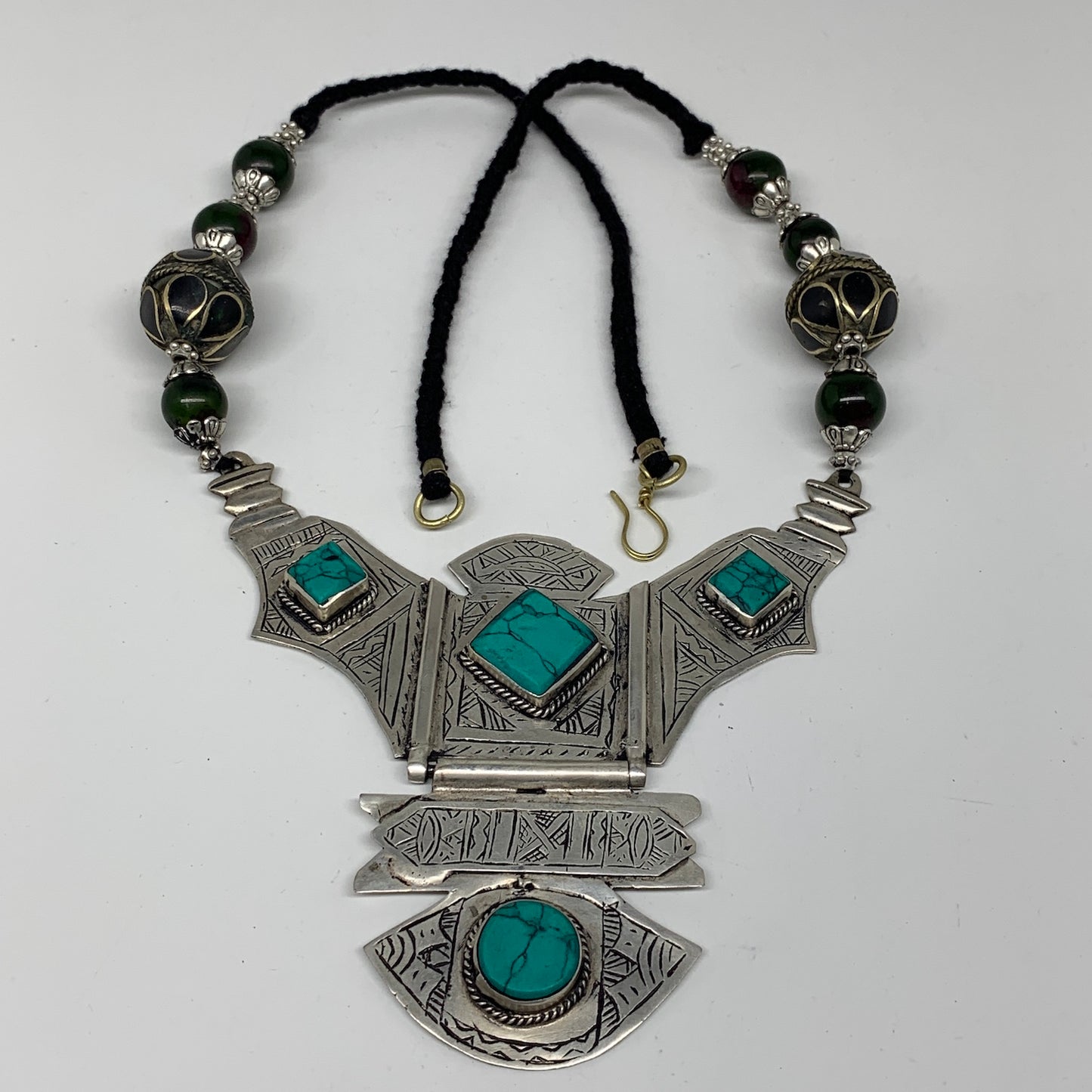 Turkmen Necklace Antique Afghan Tribal Green Turquoise Inlay V-Neck, Necklace T7