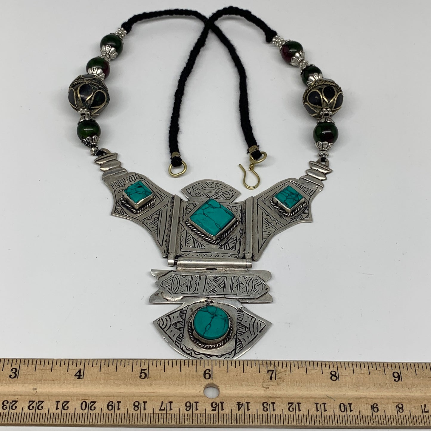 Turkmen Necklace Antique Afghan Tribal Green Turquoise Inlay V-Neck, Necklace T7