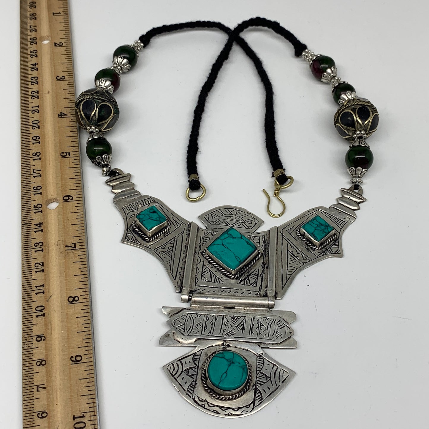 Turkmen Necklace Antique Afghan Tribal Green Turquoise Inlay V-Neck, Necklace T7