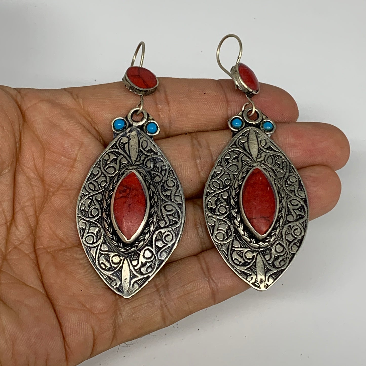 1pc, 3.1"x1.2" Turkmen Earring Tribal Jewelry Red Coral Inlay Marquise Boho, B14