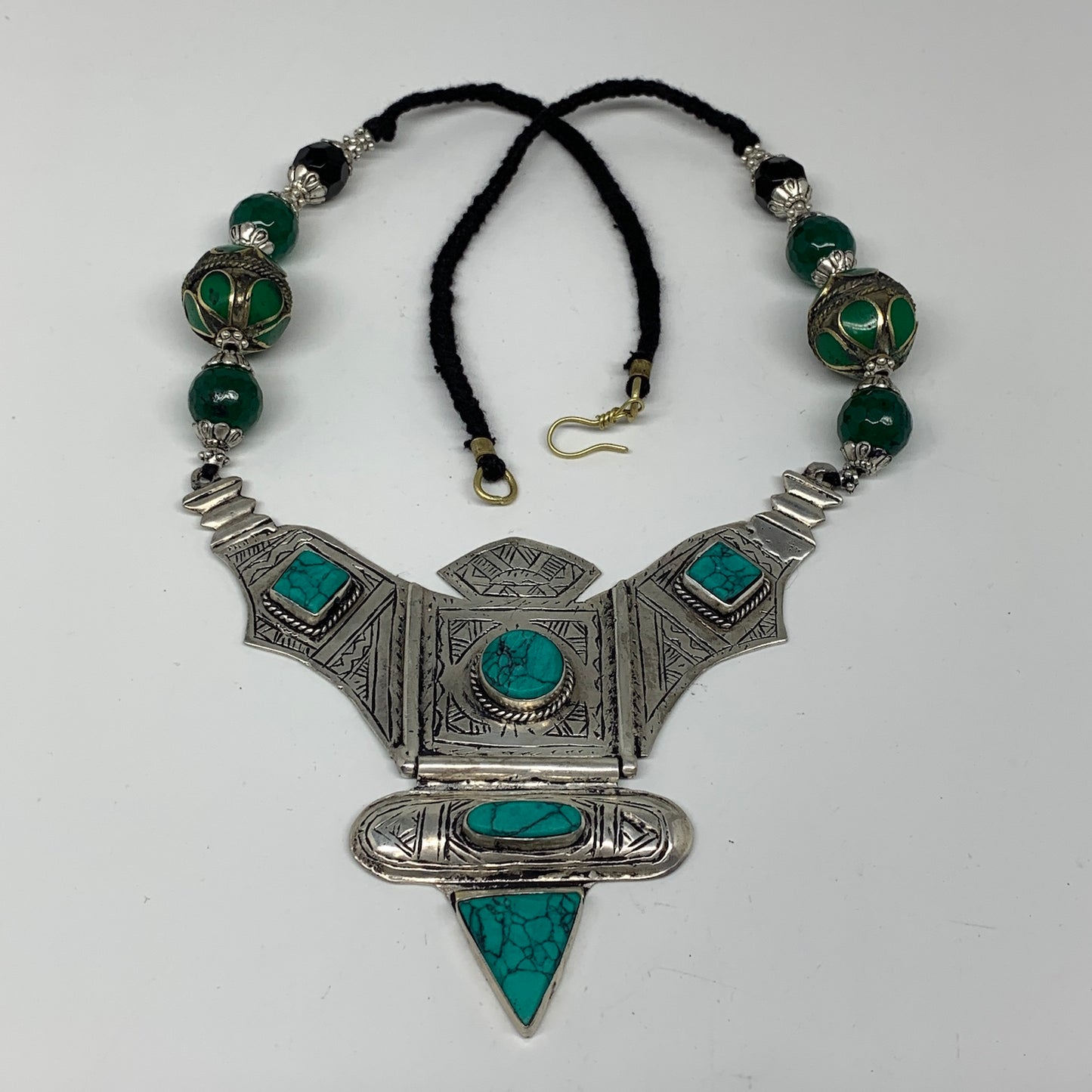 Turkmen Necklace Antique Afghan Tribal Green Turquoise Inlay V-Neck, Necklace T7