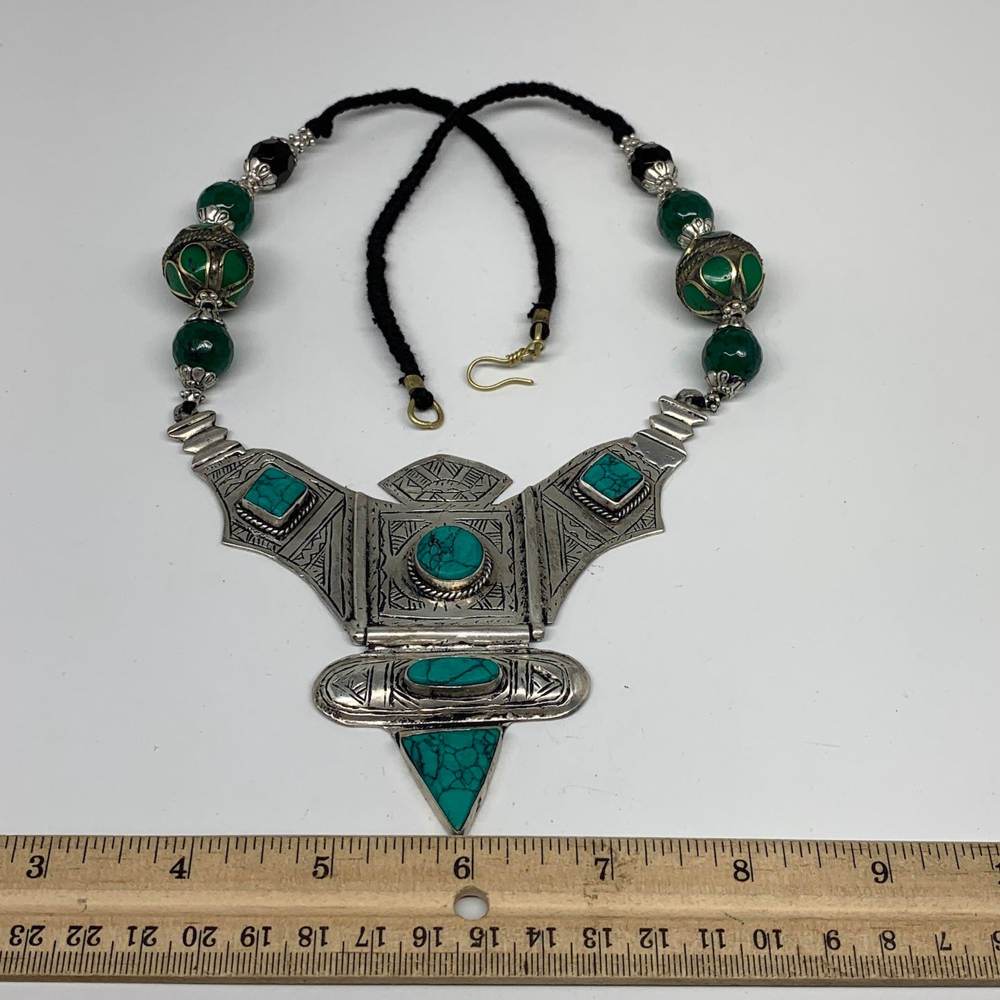 Turkmen Necklace Antique Afghan Tribal Green Turquoise Inlay V-Neck, Necklace T7