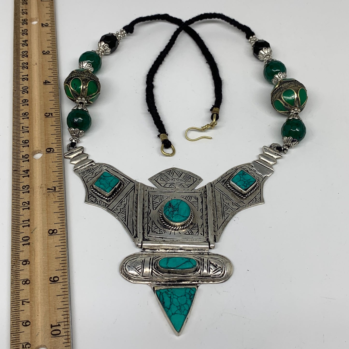 Turkmen Necklace Antique Afghan Tribal Green Turquoise Inlay V-Neck, Necklace T7