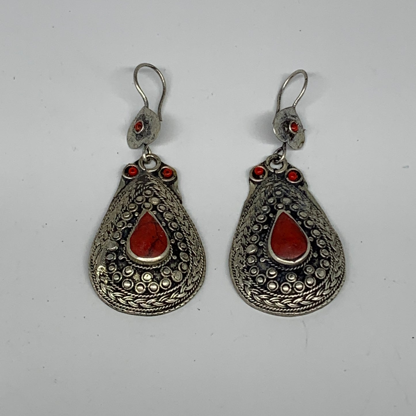 1pc, 2.8"x1.1" Turkmen Earring Tribal Jewelry Red Coral Inlay Teardrop Boho, B14