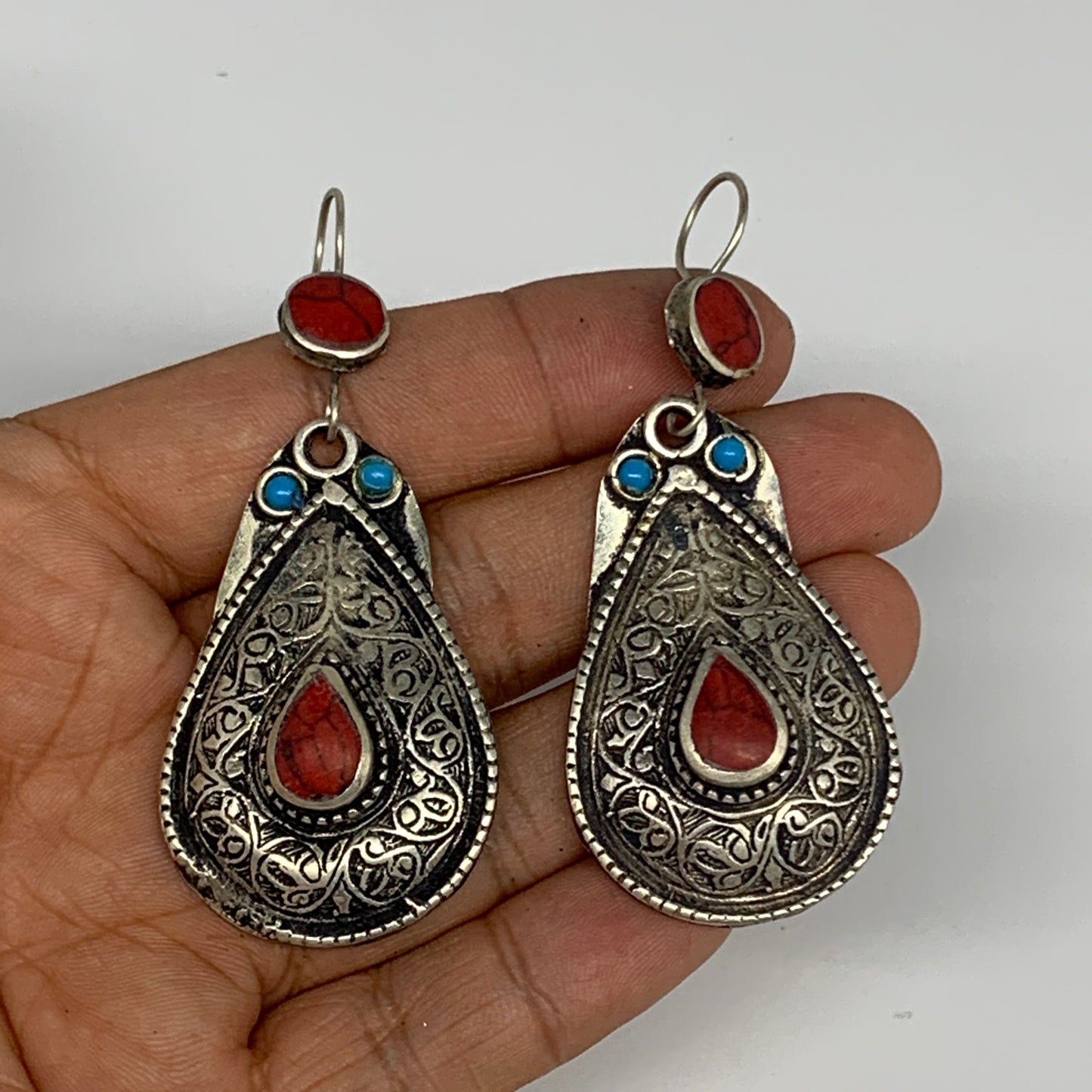 1pc, 2.8"x1.1" Turkmen Earring Tribal Jewelry Red Coral Inlay Teardrop Boho, B14