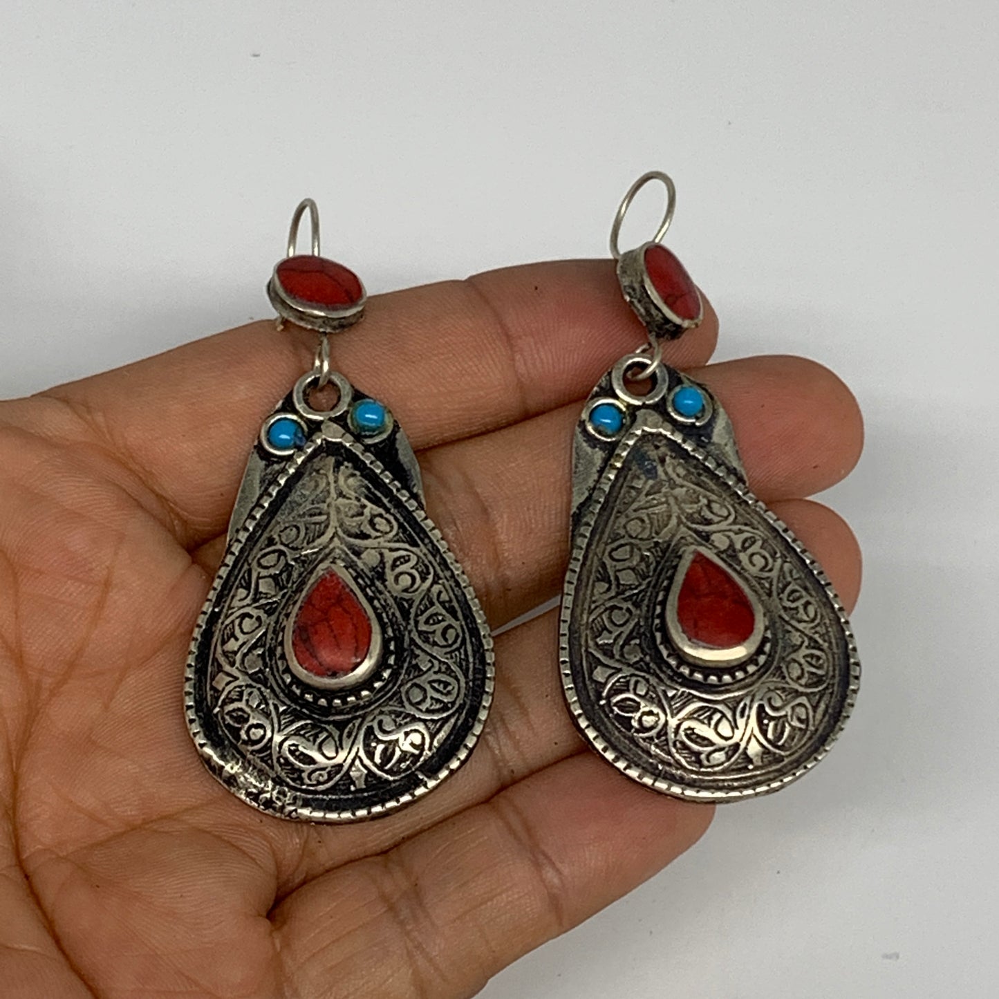 1pc, 2.8"x1.1" Turkmen Earring Tribal Jewelry Red Coral Inlay Teardrop Boho, B14