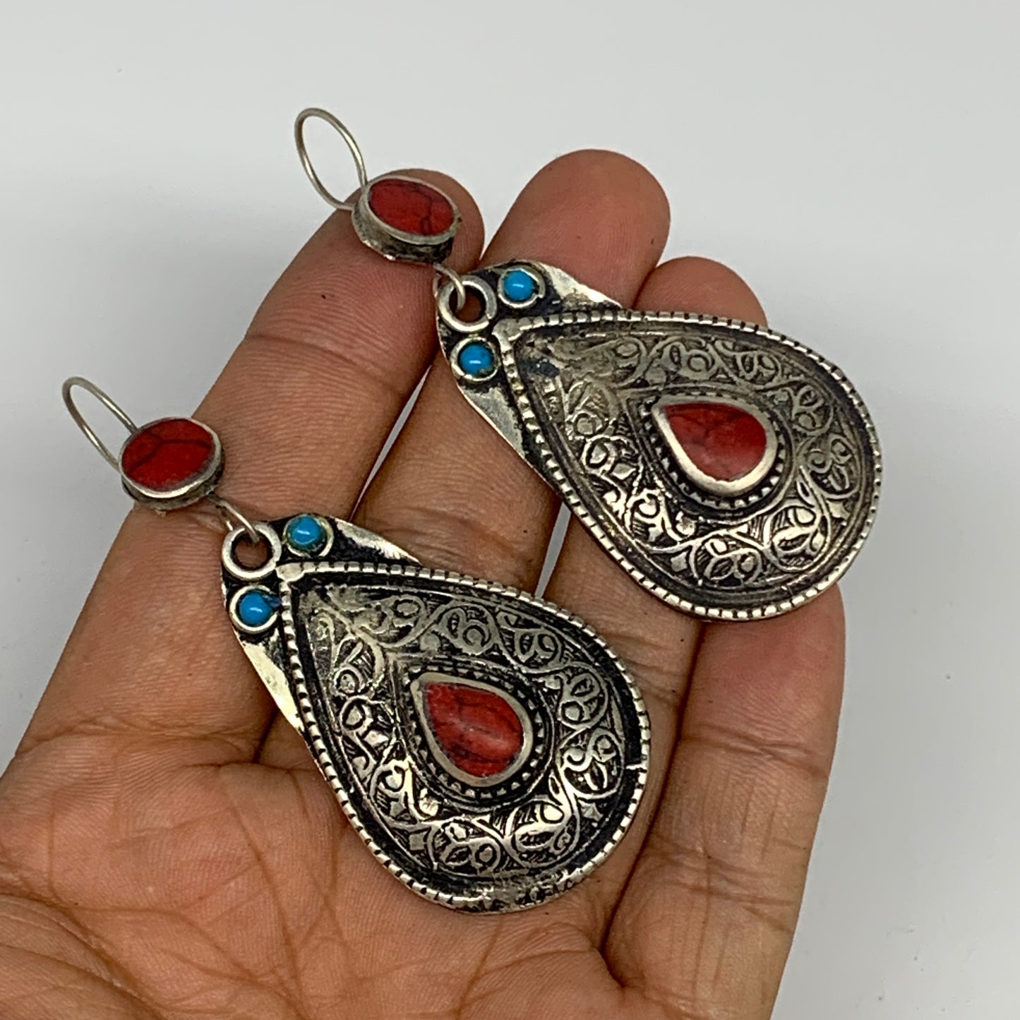 1pc, 2.8"x1.1" Turkmen Earring Tribal Jewelry Red Coral Inlay Teardrop Boho, B14