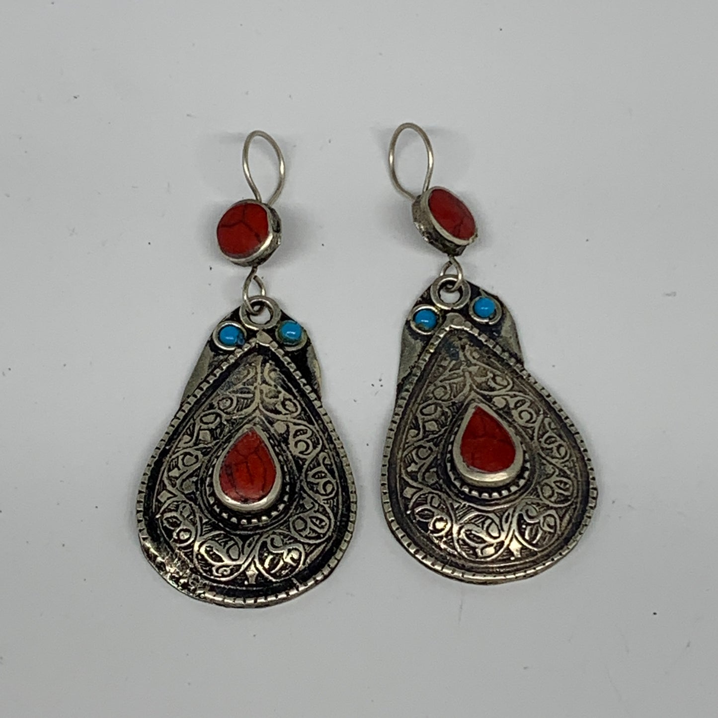 1pc, 2.8"x1.1" Turkmen Earring Tribal Jewelry Red Coral Inlay Teardrop Boho, B14